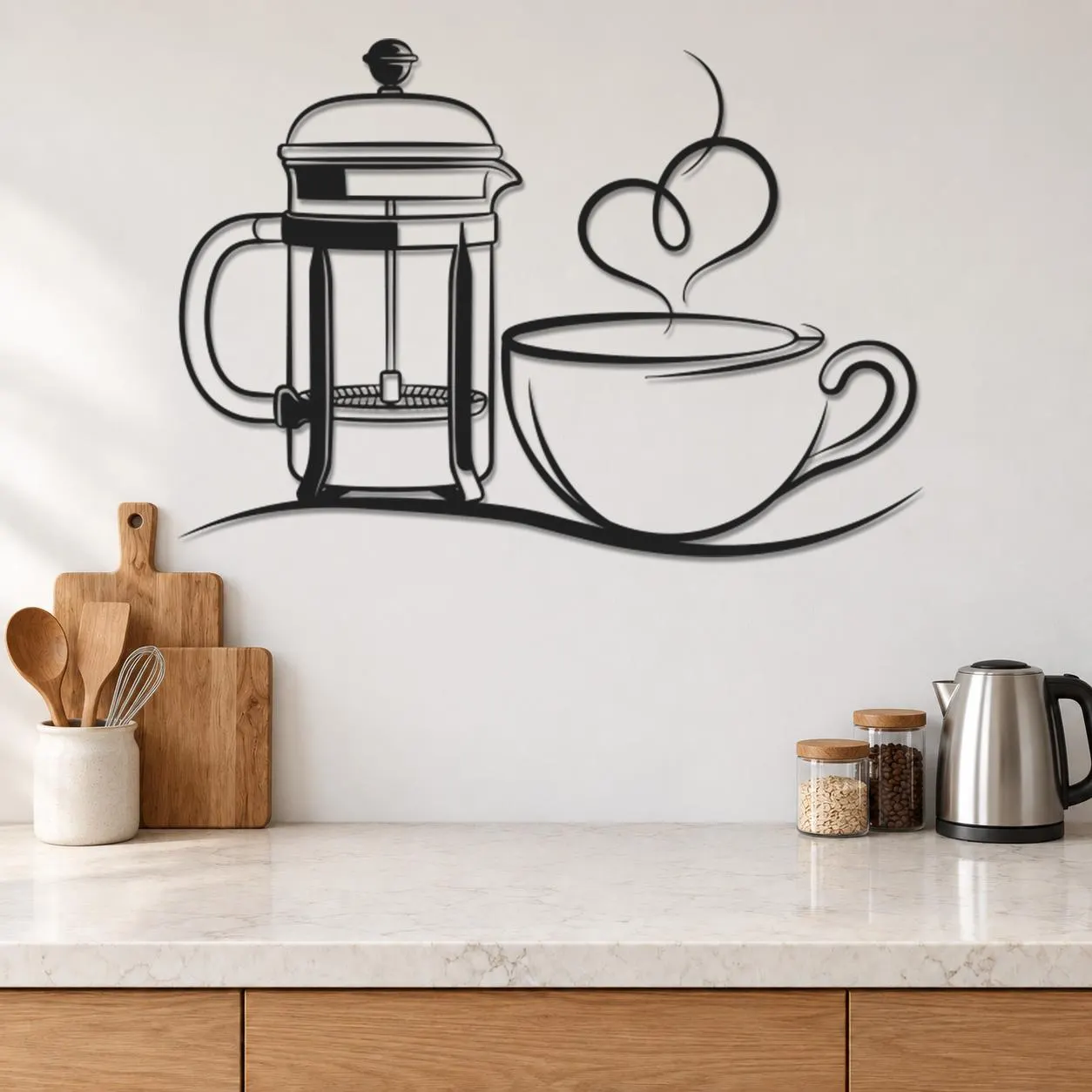 Coffee Metal Art, French Press Cup, Steam Curl Detail, Culinary Line Drawing, Beverage Wall Sculpture, Warm Drink Artwork, Coffee Lover Gift - image 3