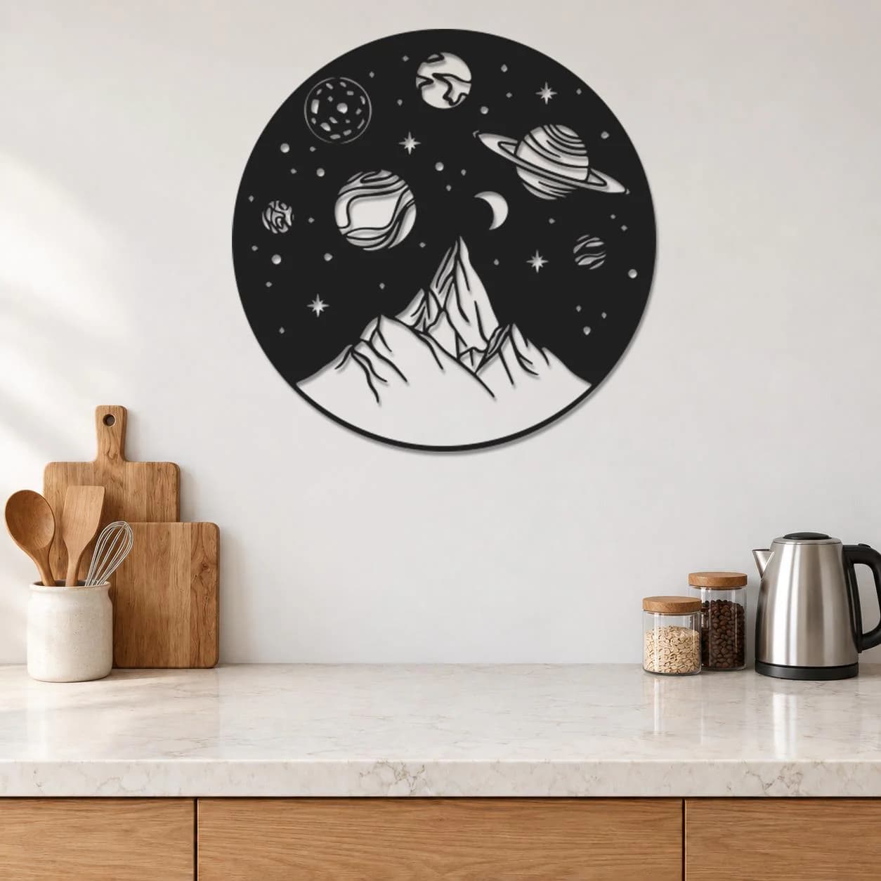 Cosmic Mountain Art, Round Planet Scene, Star Filled Sky, Space Inspired Landscape, Astronomy Lover Gift, Metal Wall Hanging, Wall Sculpture - image 3
