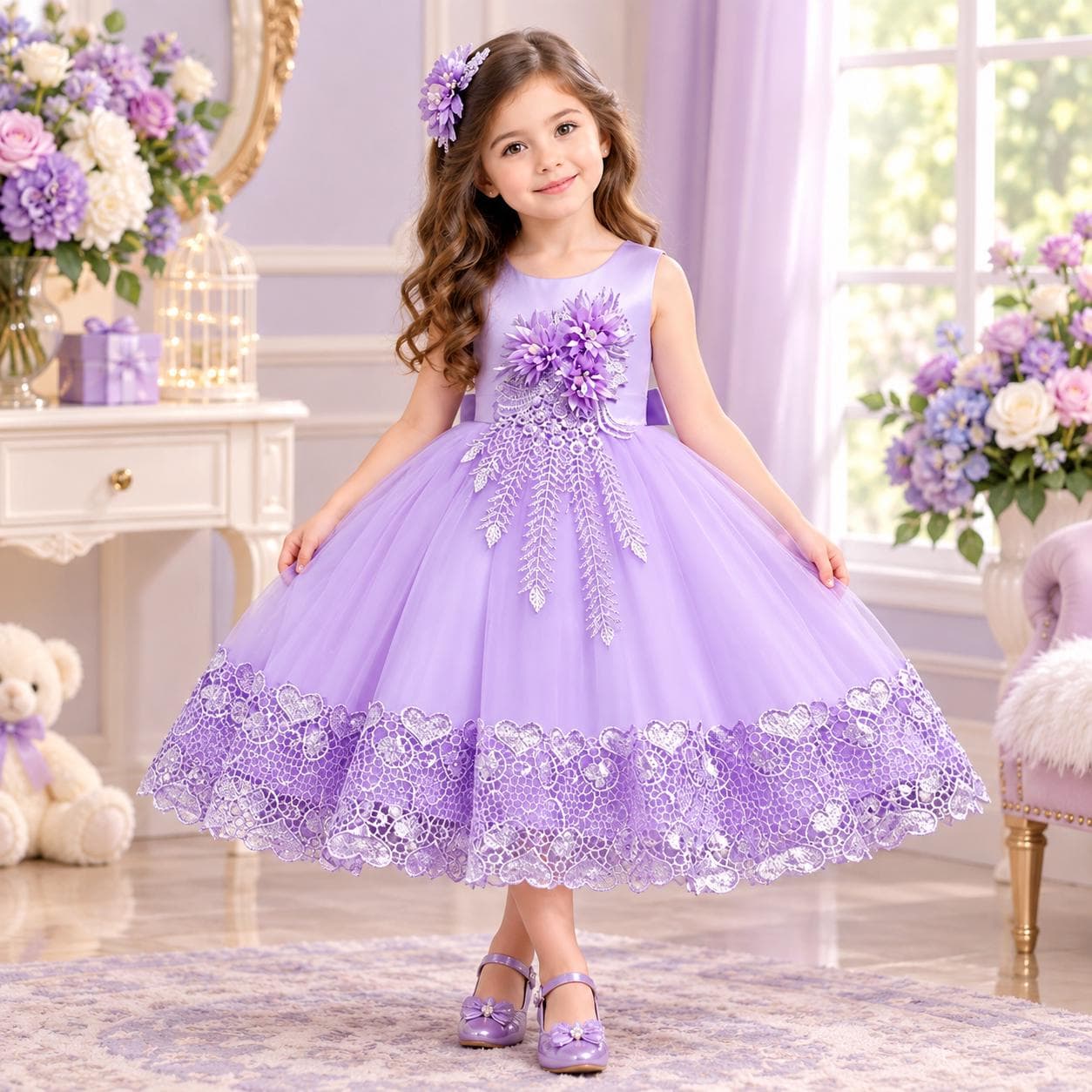 Yellow Lace Flower Girl Dress, Princess Style, Floral Embellishments, Bow Detail - image 4