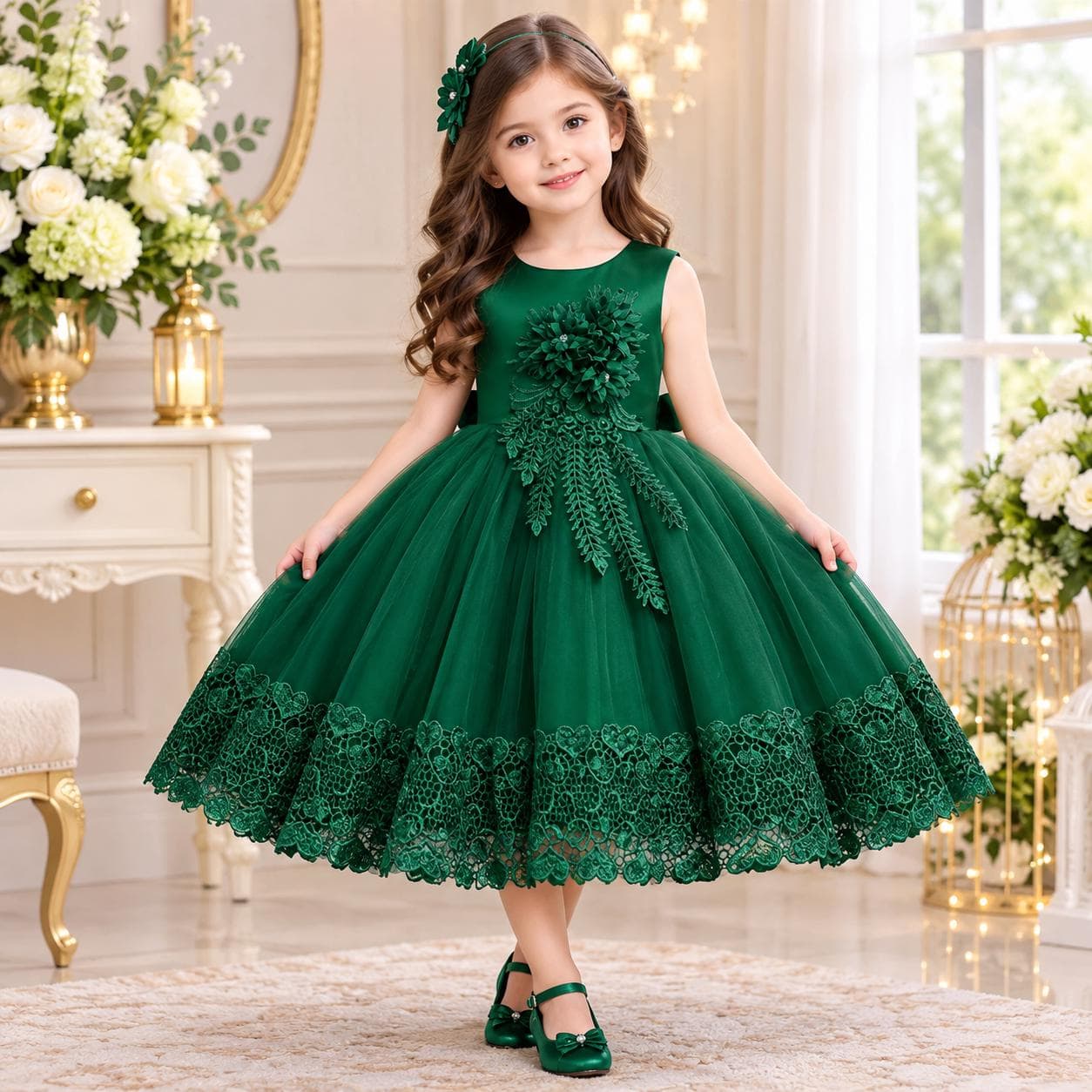 Yellow Lace Flower Girl Dress, Princess Style, Floral Embellishments, Bow Detail - image 2