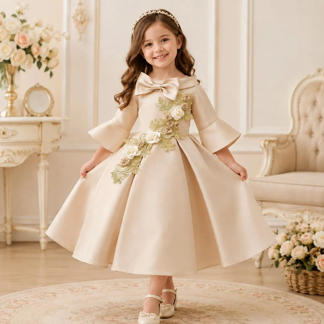 Girls White Flower Princess Dress, Elegant Summer Communion Costume (2-10 Years) - image 2
