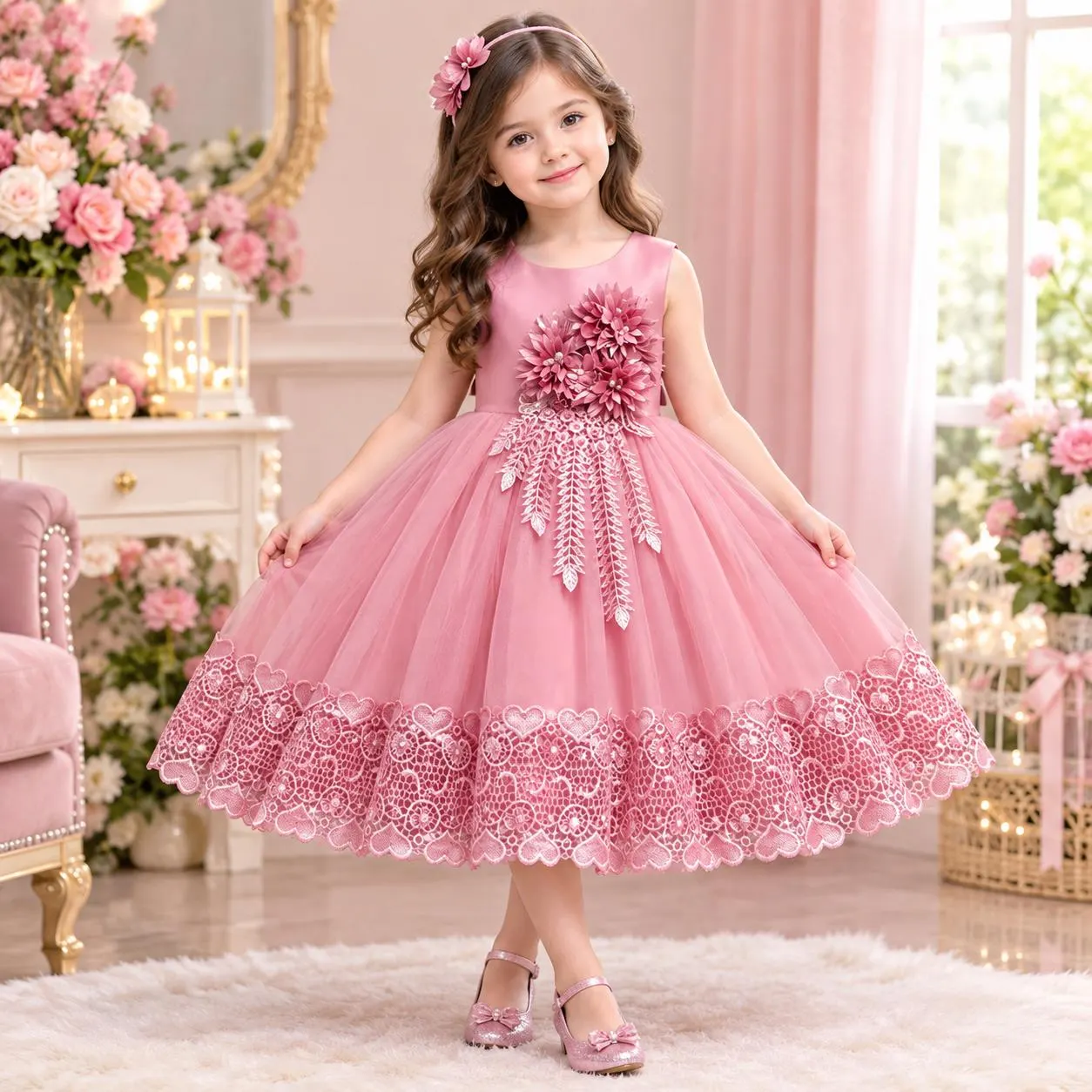 Yellow Lace Flower Girl Dress, Princess Style, Floral Embellishments, Bow Detail - image 3