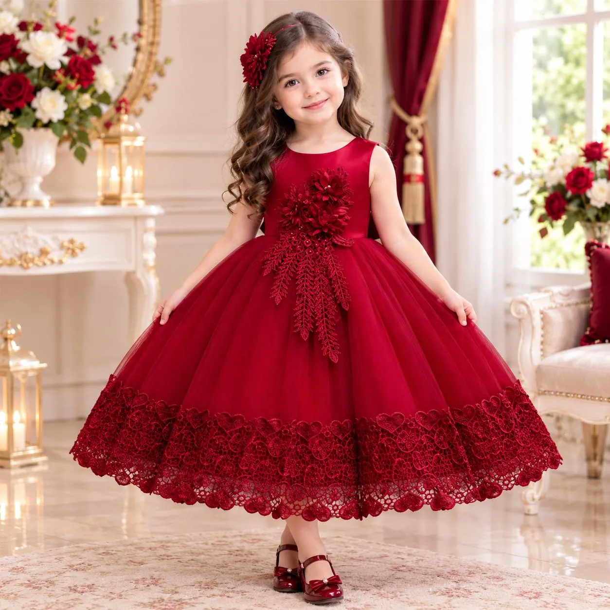 Yellow Lace Flower Girl Dress, Princess Style, Floral Embellishments, Bow Detail - image 5