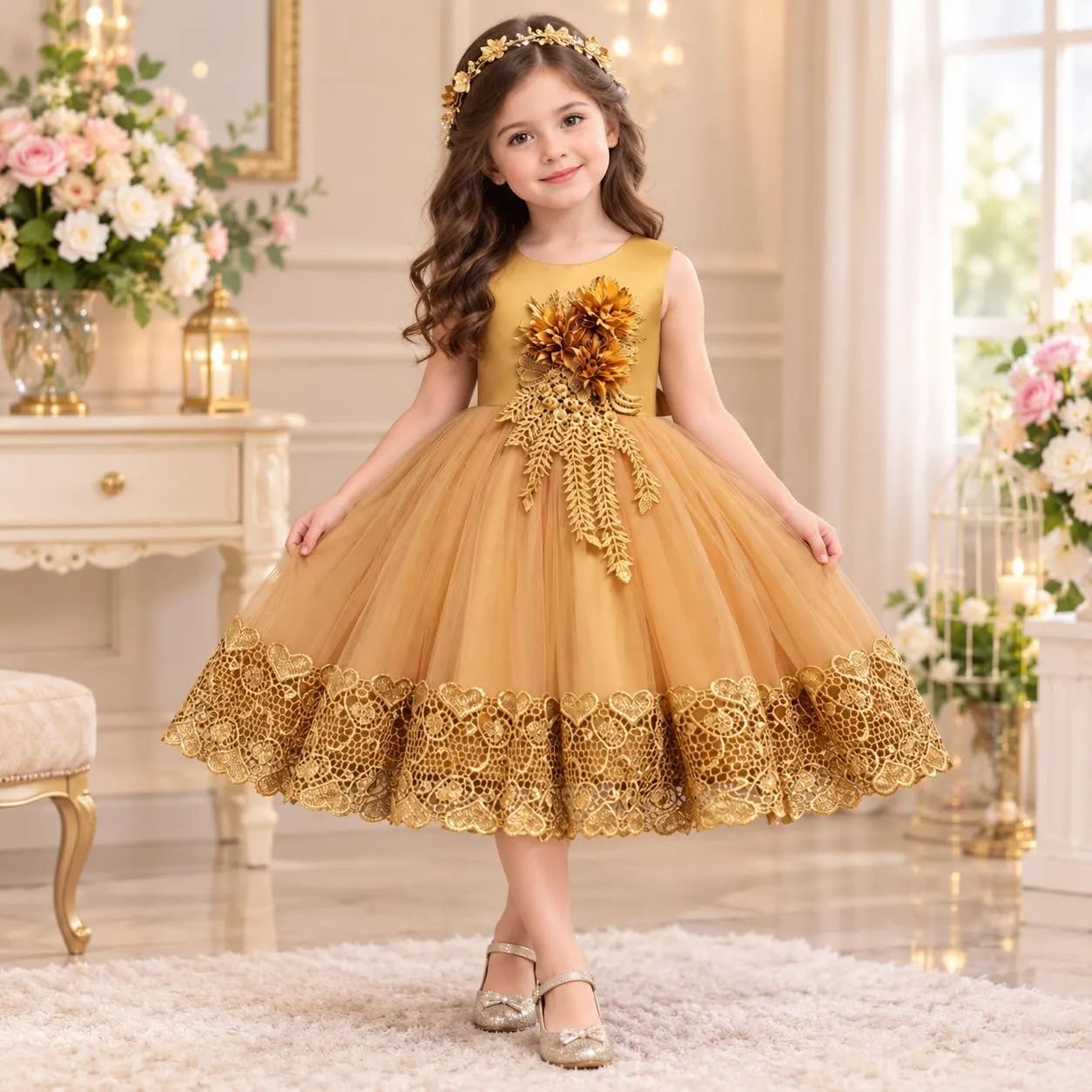 Yellow Lace Flower Girl Dress, Princess Style, Floral Embellishments, Bow Detail