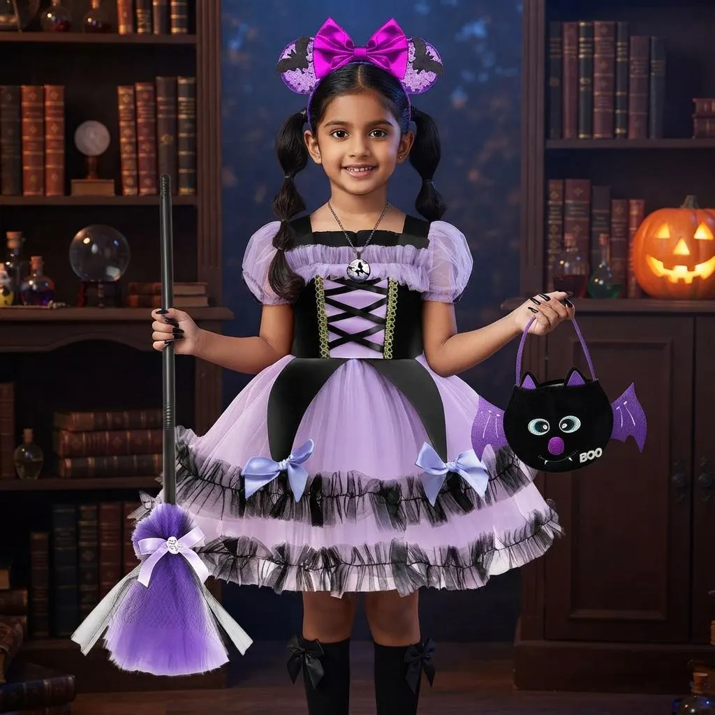 Purple Tulle Witch Tutu Dress, Halloween Party Costume for Girls
