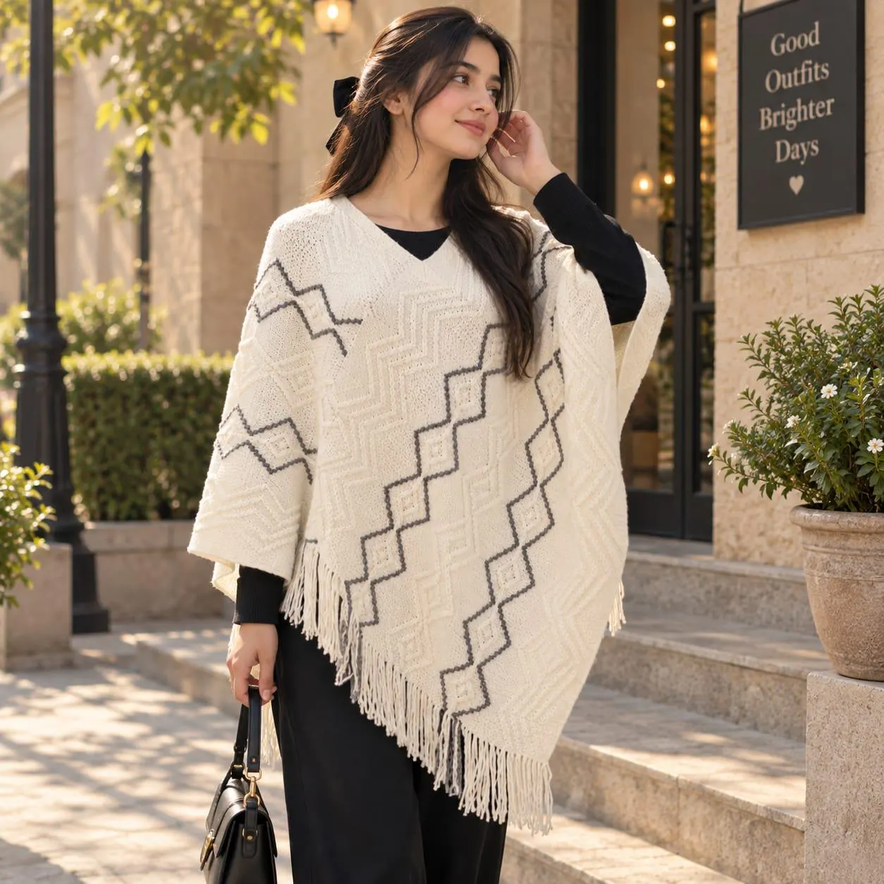 Knit Poncho for Women, Fringed Cape Sweater, Pearl Detail V Neck Wrap, Geometric Batwing Sleeve Autumn Winter