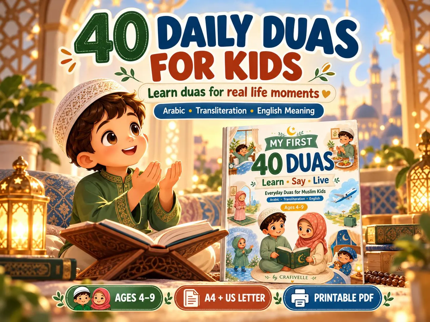 Young Muslim boy raising his hands in dua beside the My First 40 Duas for Kids book. Colorful Islamic learning printable for ages 4–9, featuring Arabic prayers, transliteration and English meanings. A4 and US Letter PDF.