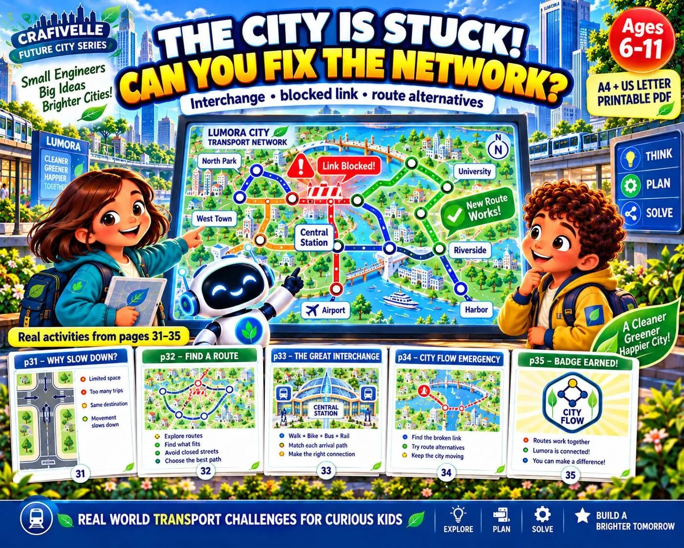 Problem-solving transportation activity for kids showing a blocked city network connection, alternate routes and a city flow engineering challenge.
