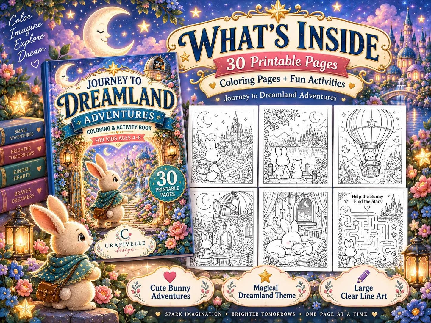 Inside Journey to Dreamland Adventures: 30 printable bunny coloring pages, magical rabbit scenes, bonus activities and whimsical storybook illustrations for children ages 4–8.