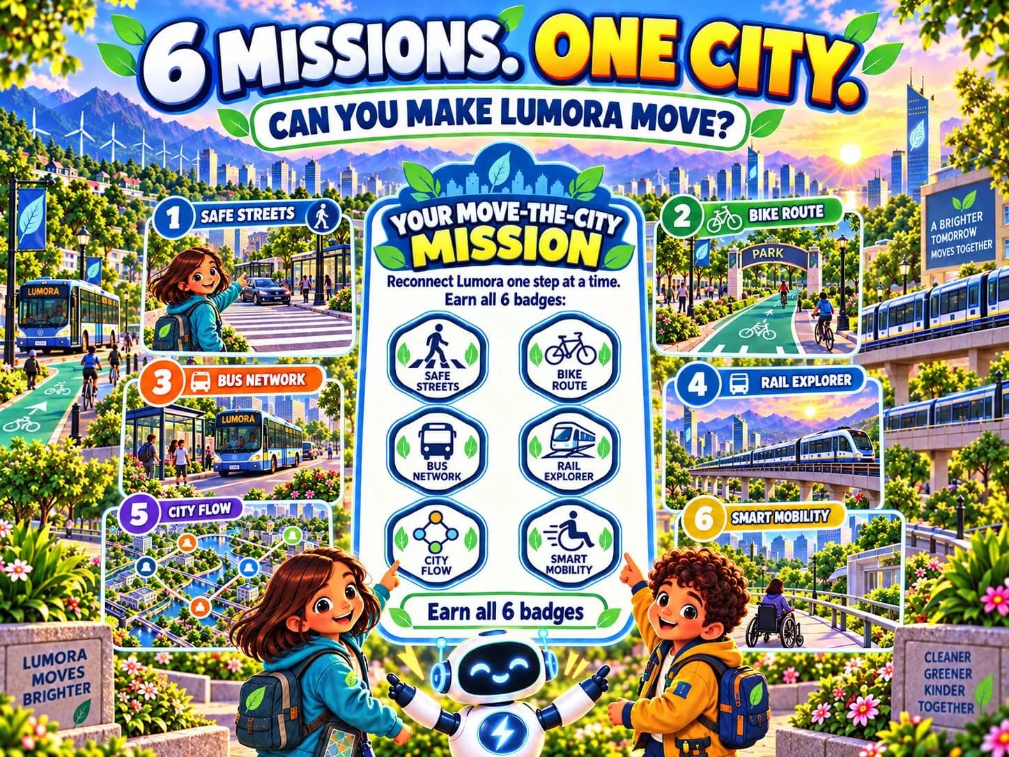 Kids transportation STEM activity book showing six city mobility missions including safe streets, bike routes, bus networks, rail, city flow and smart mobility.