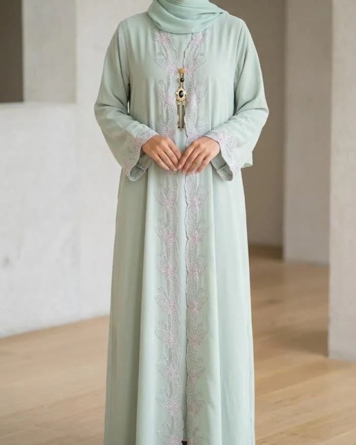 Closed Abaya Dress Attached Inner Slip Elegant Embroidery Modest Ramadan Wear Mint and Mauve - image 3