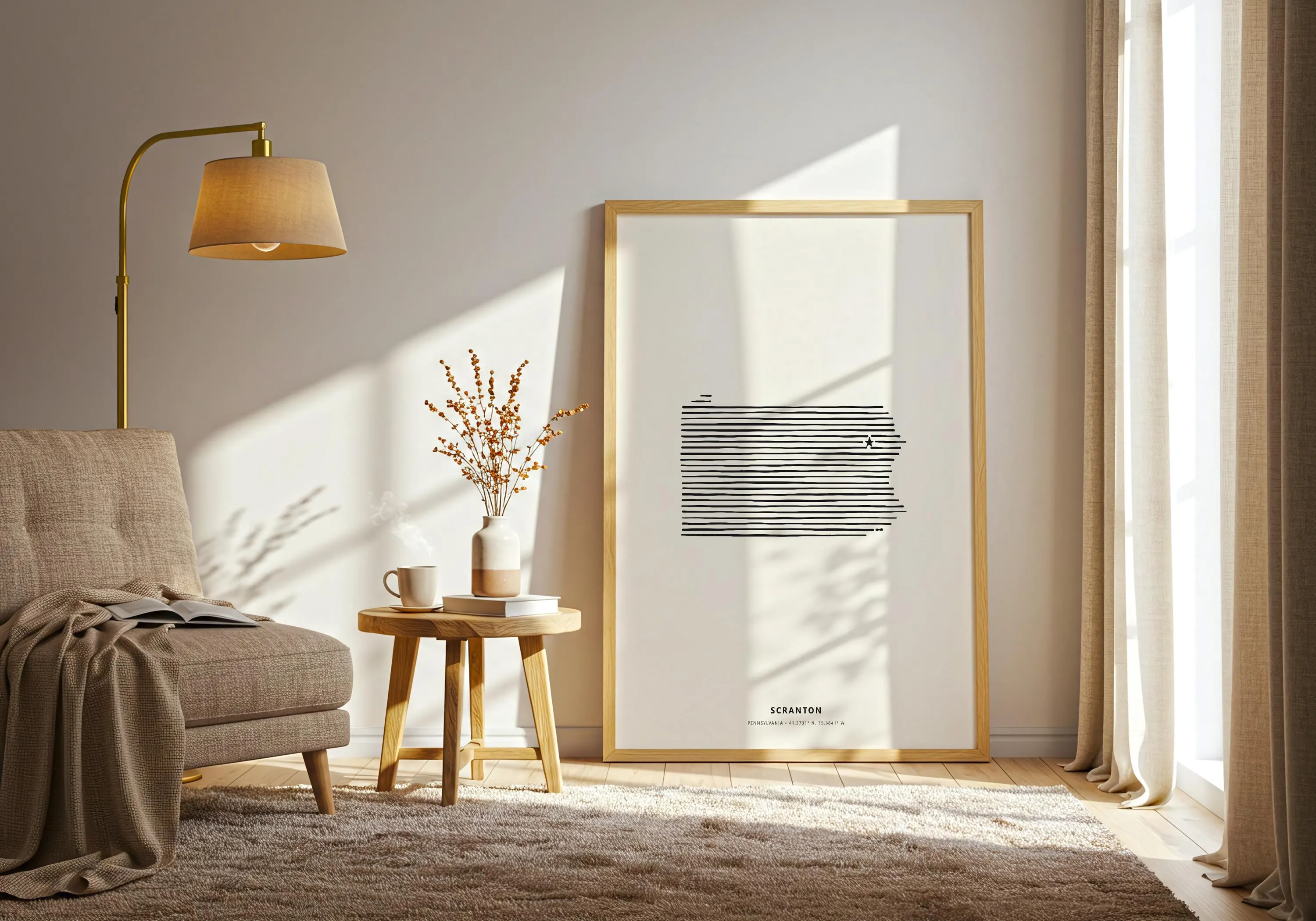 Framed modern state silhouette print of Scranton Pennsylvania displayed on a light wood floor.