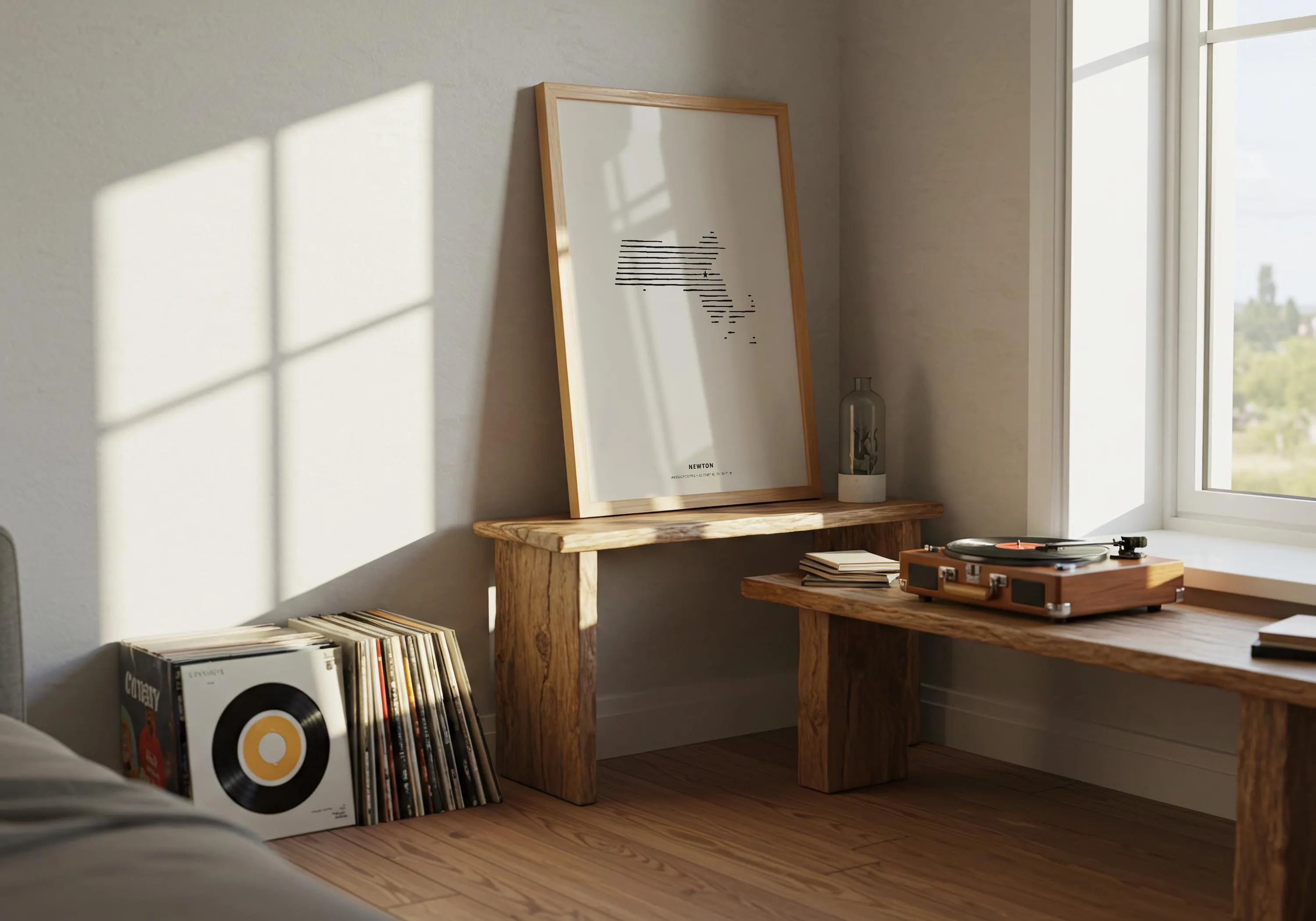 Framed Newton Massachusetts hometown map poster leaning against a neutral wall on hardwood flooring.