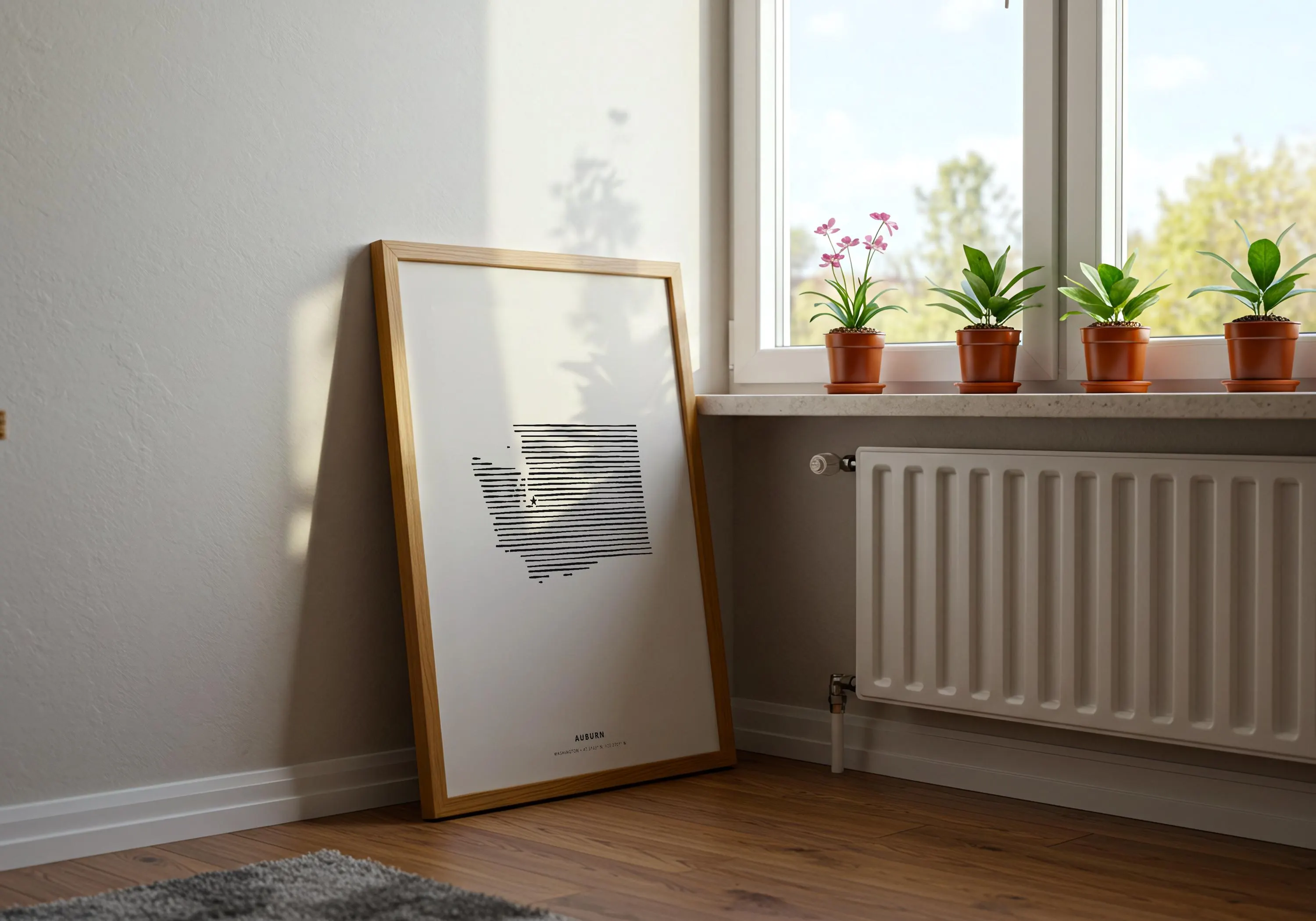 Aesthetic lifestyle mockup showcasing a stylish Auburn, Washington line art print in a simple wooden frame.
