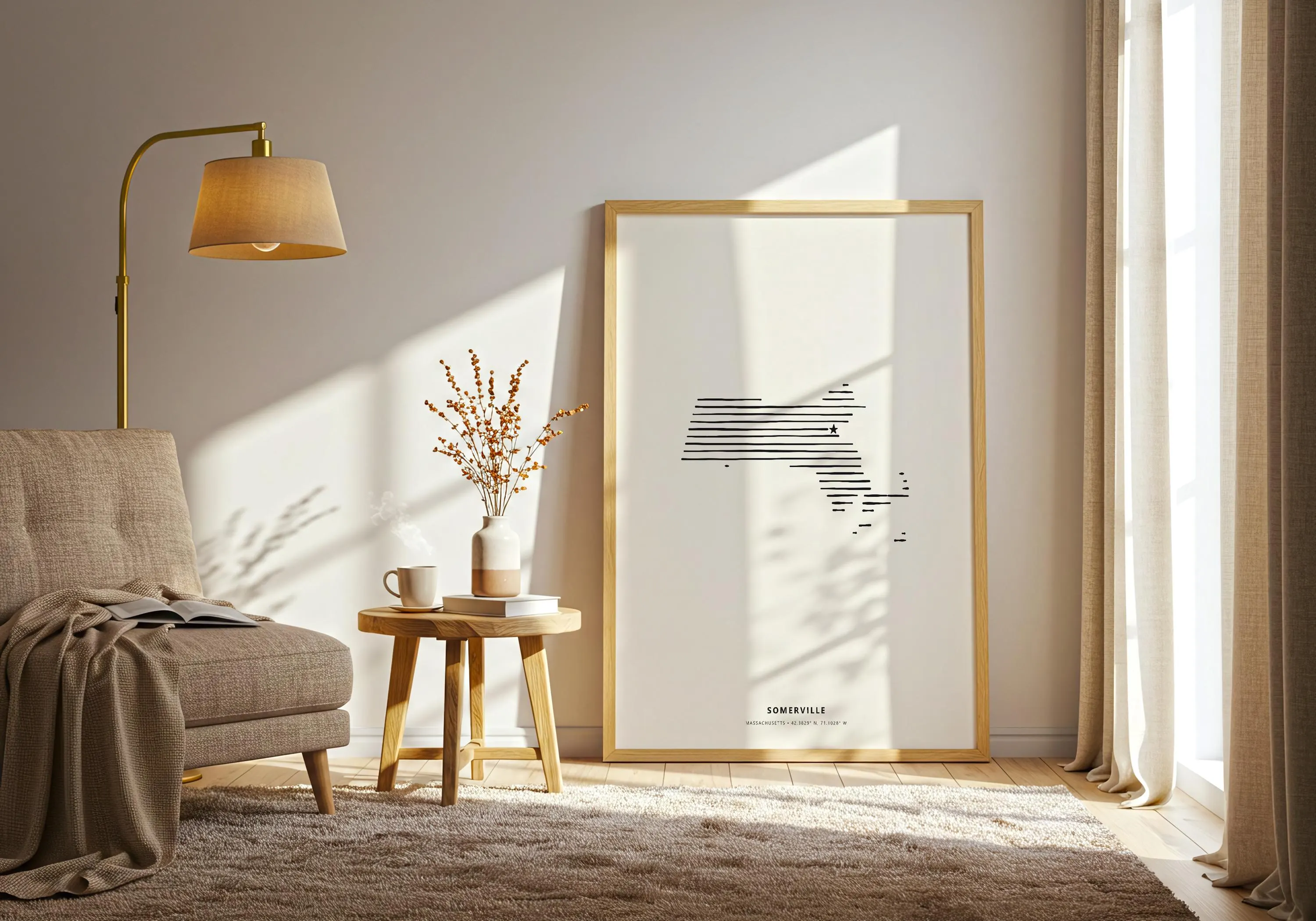 A framed Somerville Massachusetts poster resting on hardwood floors beneath white molding.
