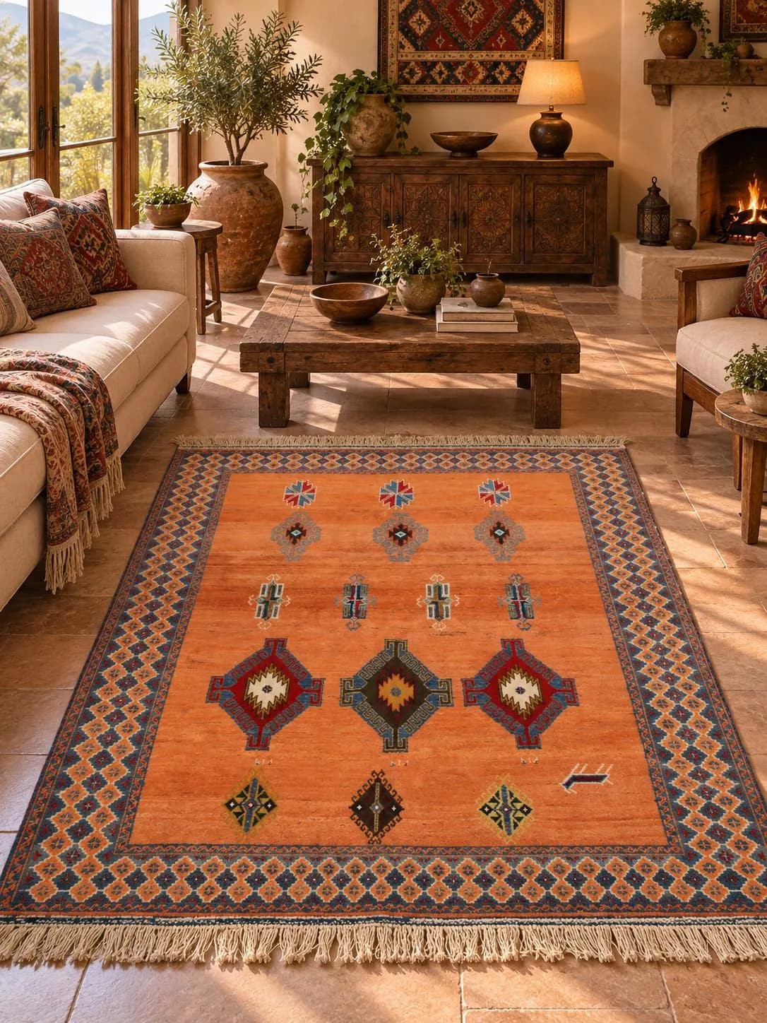 Handmade Afghan Wool Rug, Orange Tribal Medallion Carpet (4.9 x 4.7 FT)