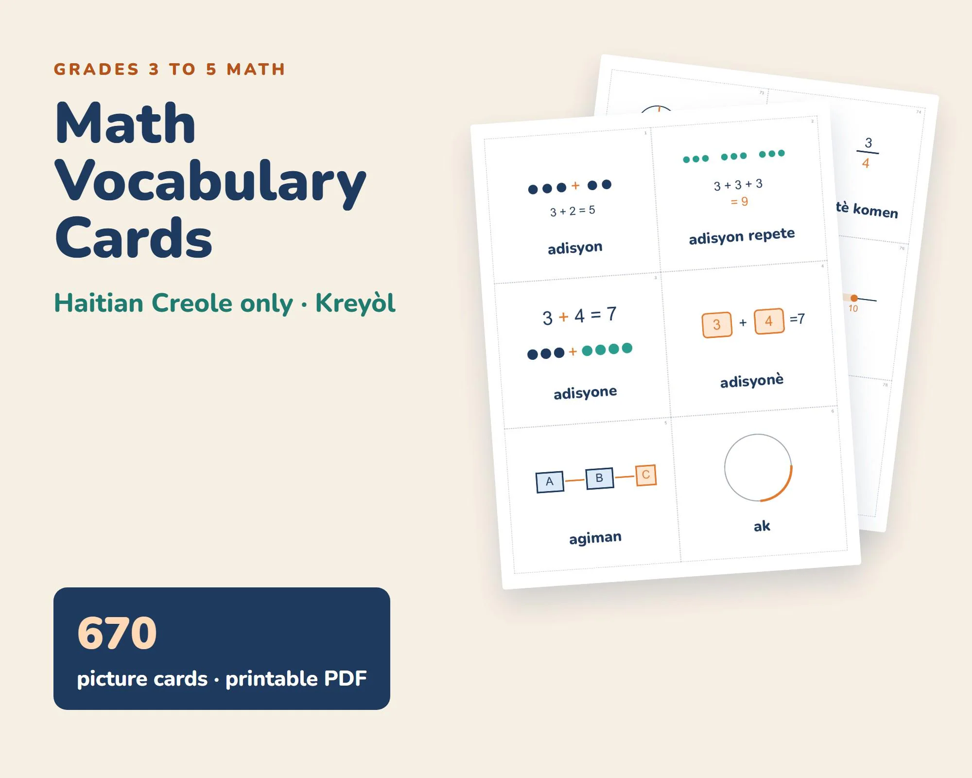 Haitian Creole Math Vocabulary Cards, Grades 3-5, Picture Word Wall (PDF)