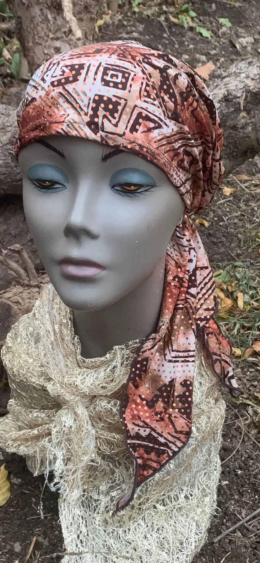 Brown Patterned Head Scarf | Soft Lycra Hijab Turban, Made in USA - image 4
