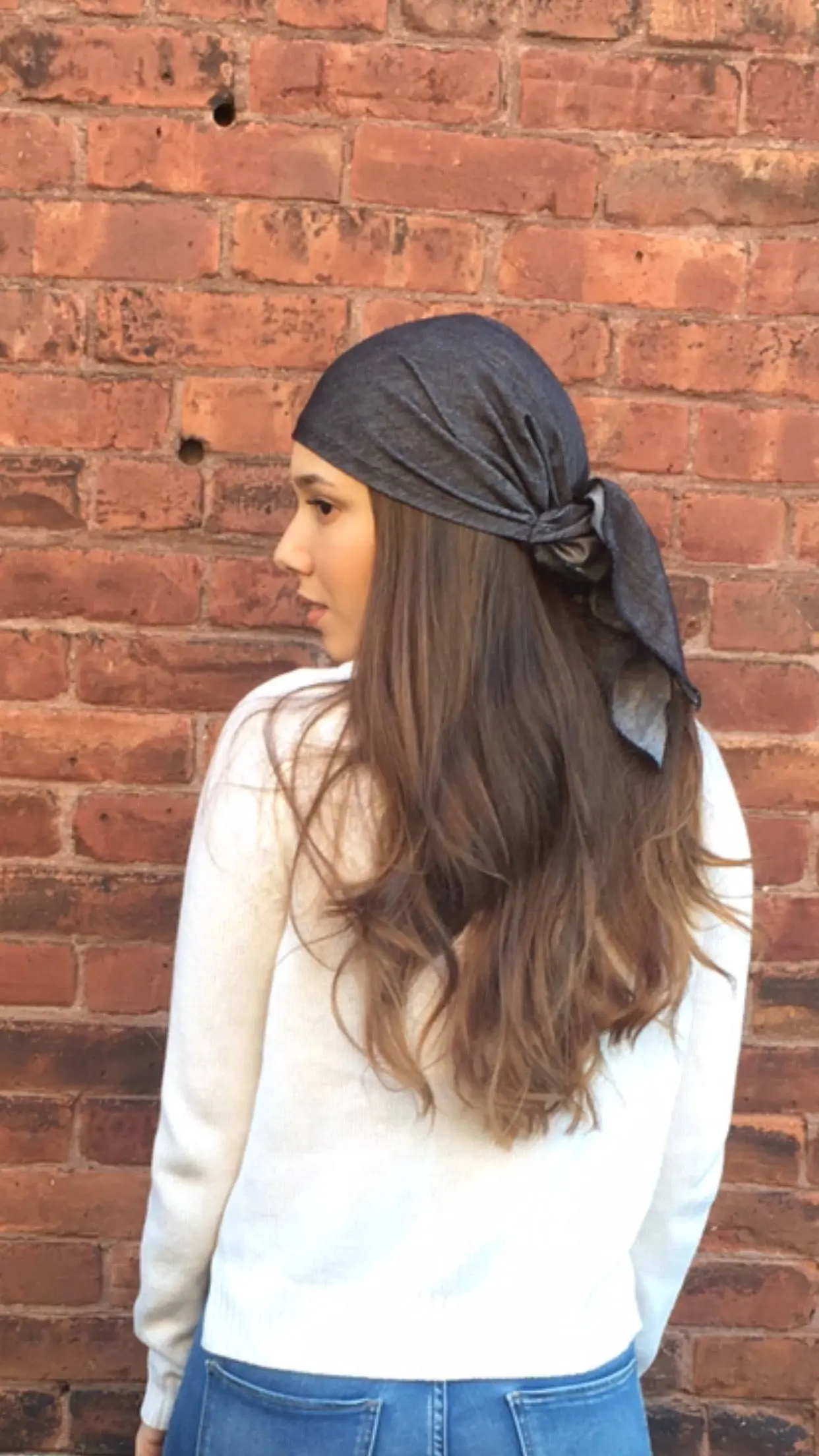 Denim Headscarf | Black Hijab | Soft Lightweight Stretchy Pre Tied Bandana Tichel | Casual Hair Wrap For Women | Vintage Style | Made in USA