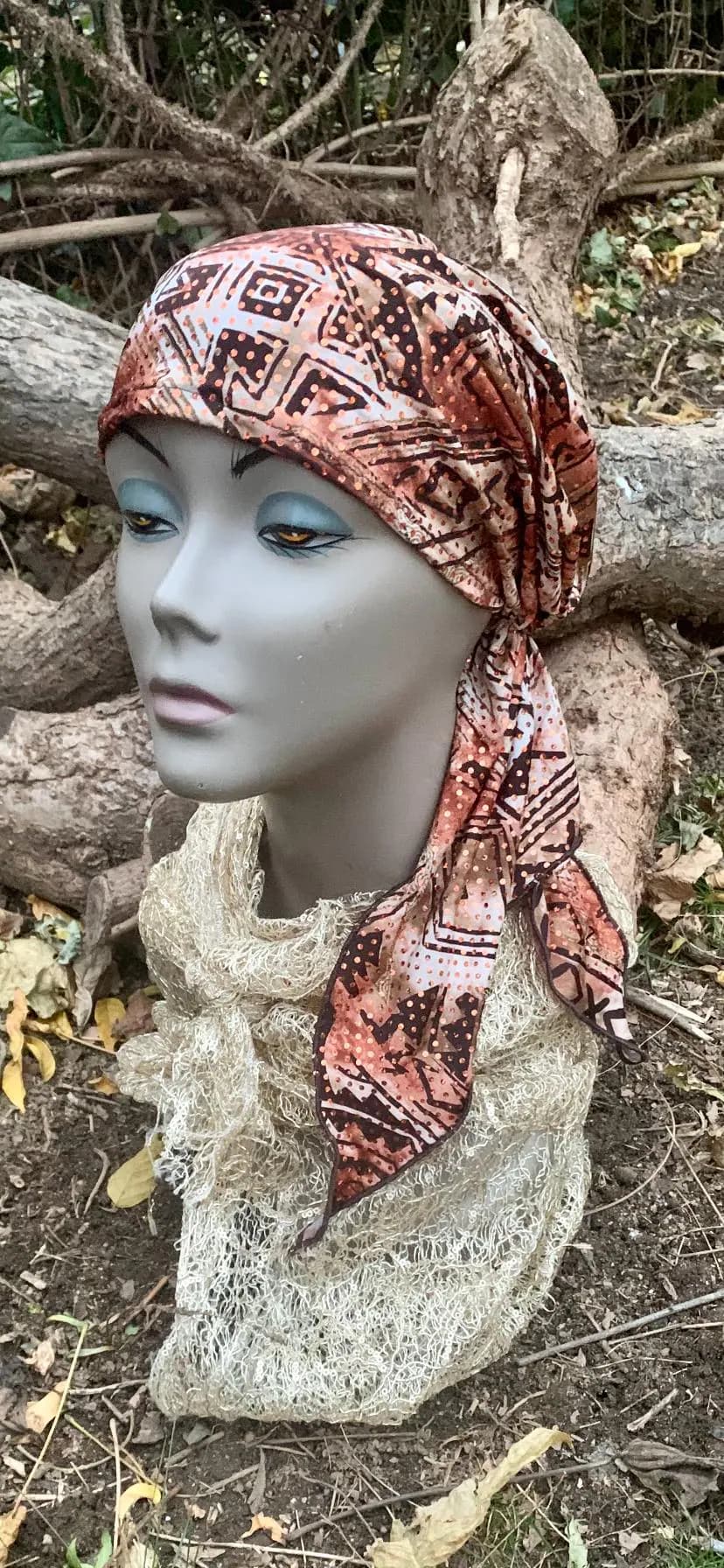 Brown Patterned Head Scarf | Soft Lycra Hijab Turban, Made in USA