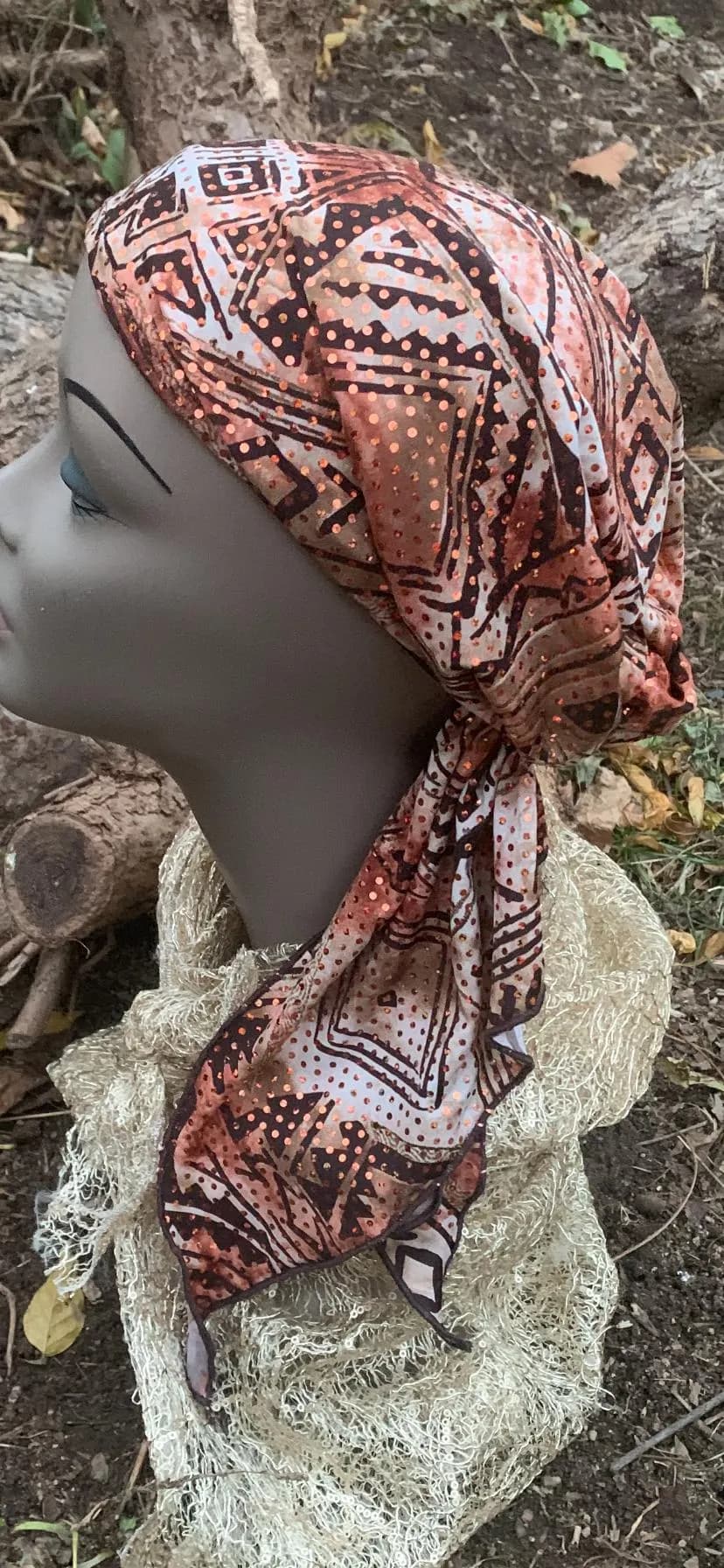 Brown Patterned Head Scarf | Soft Lycra Hijab Turban, Made in USA - image 3