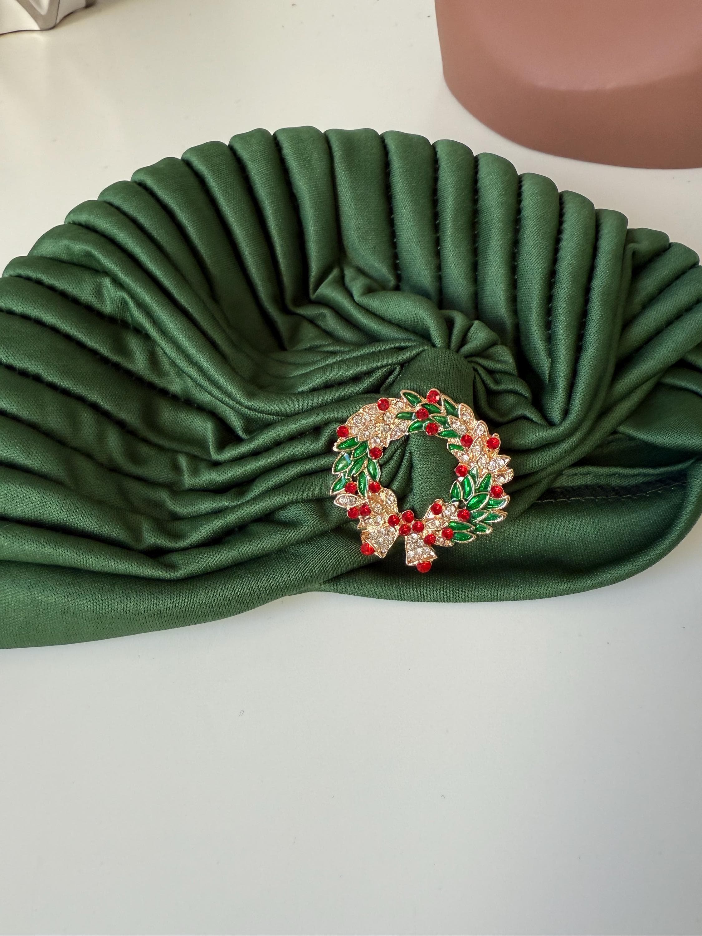 Green Turban with Brooch, Statement Christmas Head wrap for Women, Hair Loss Head Cover - image 2