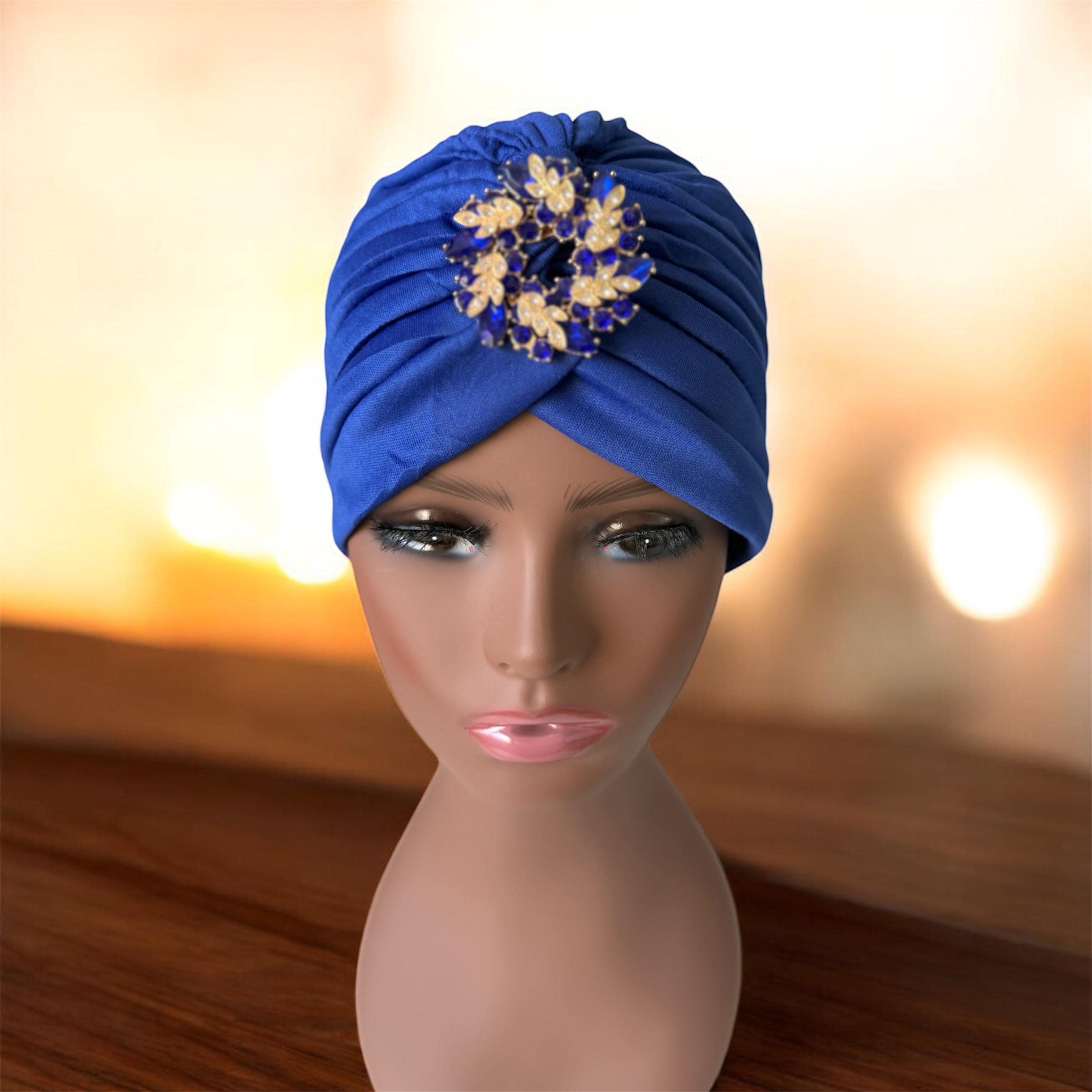 Blue Turban with Brooch, Full Head Hair Covering