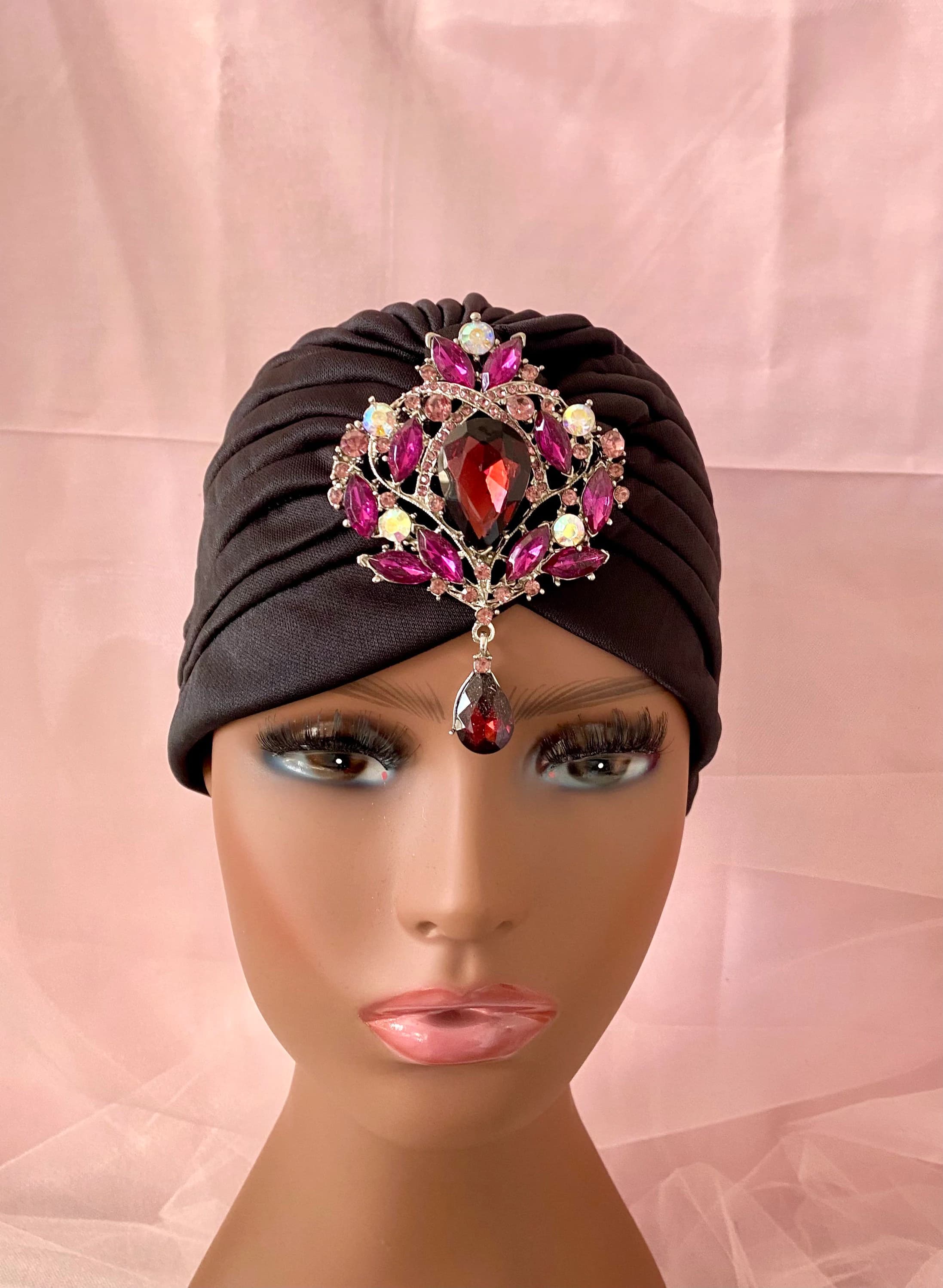 Black Turban with Removable Jewelry Brooch - image 2