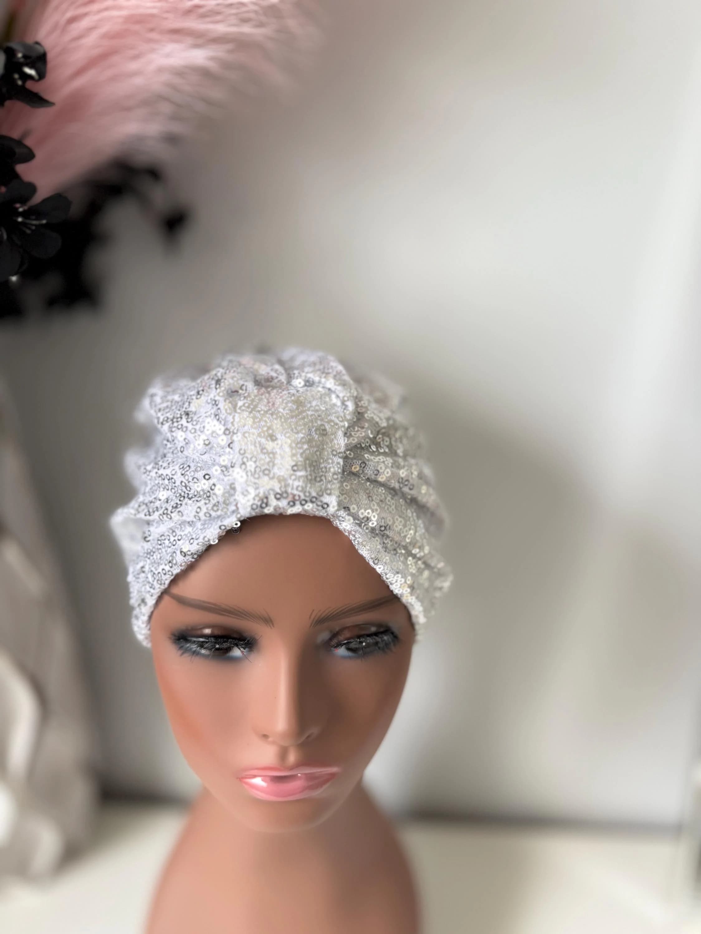 White with Silver sequin turban, sparkly turban, chemo head wrap, alopecia hat - image 5