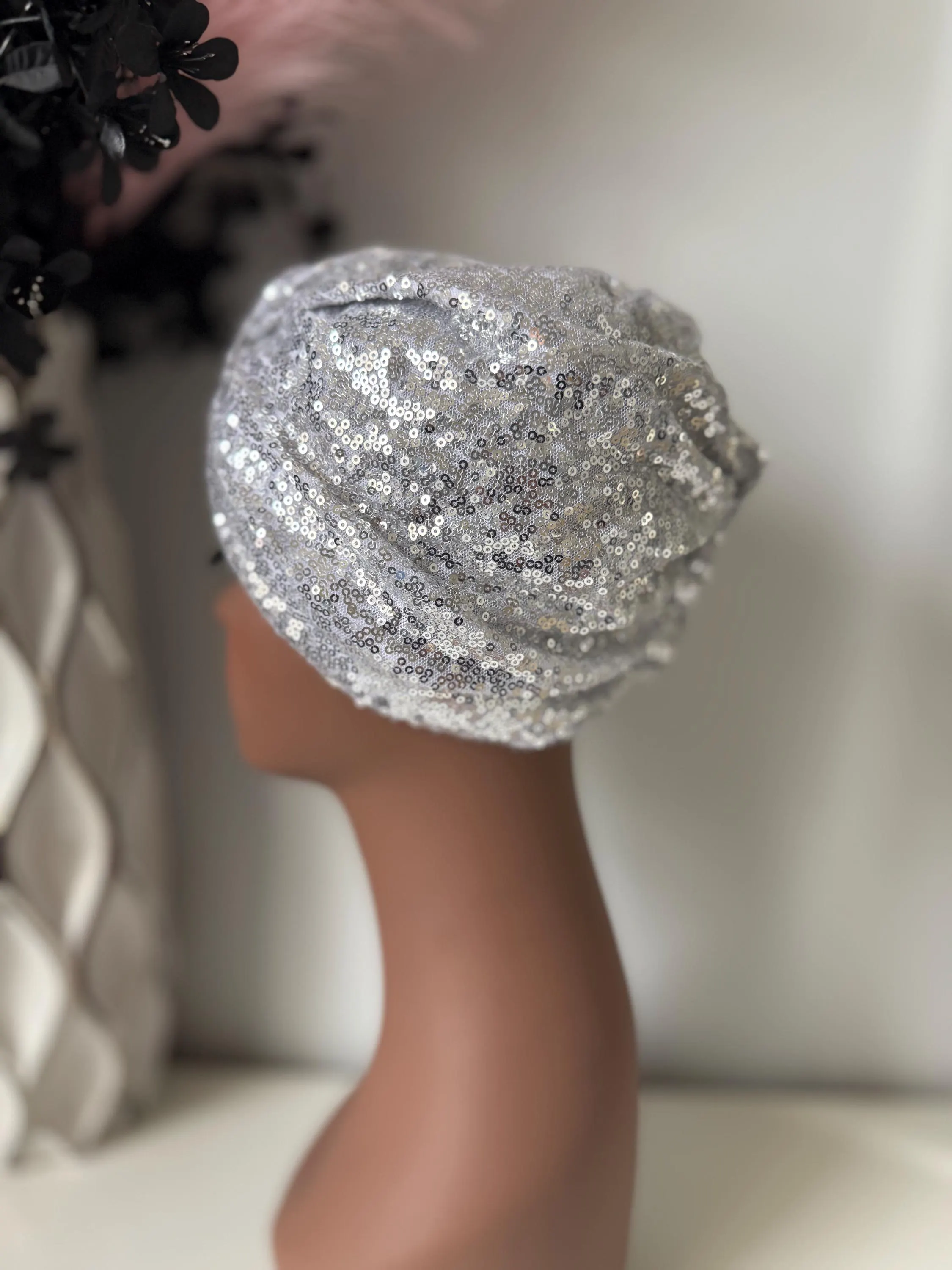 White with Silver sequin turban, sparkly turban, chemo head wrap, alopecia hat - image 2
