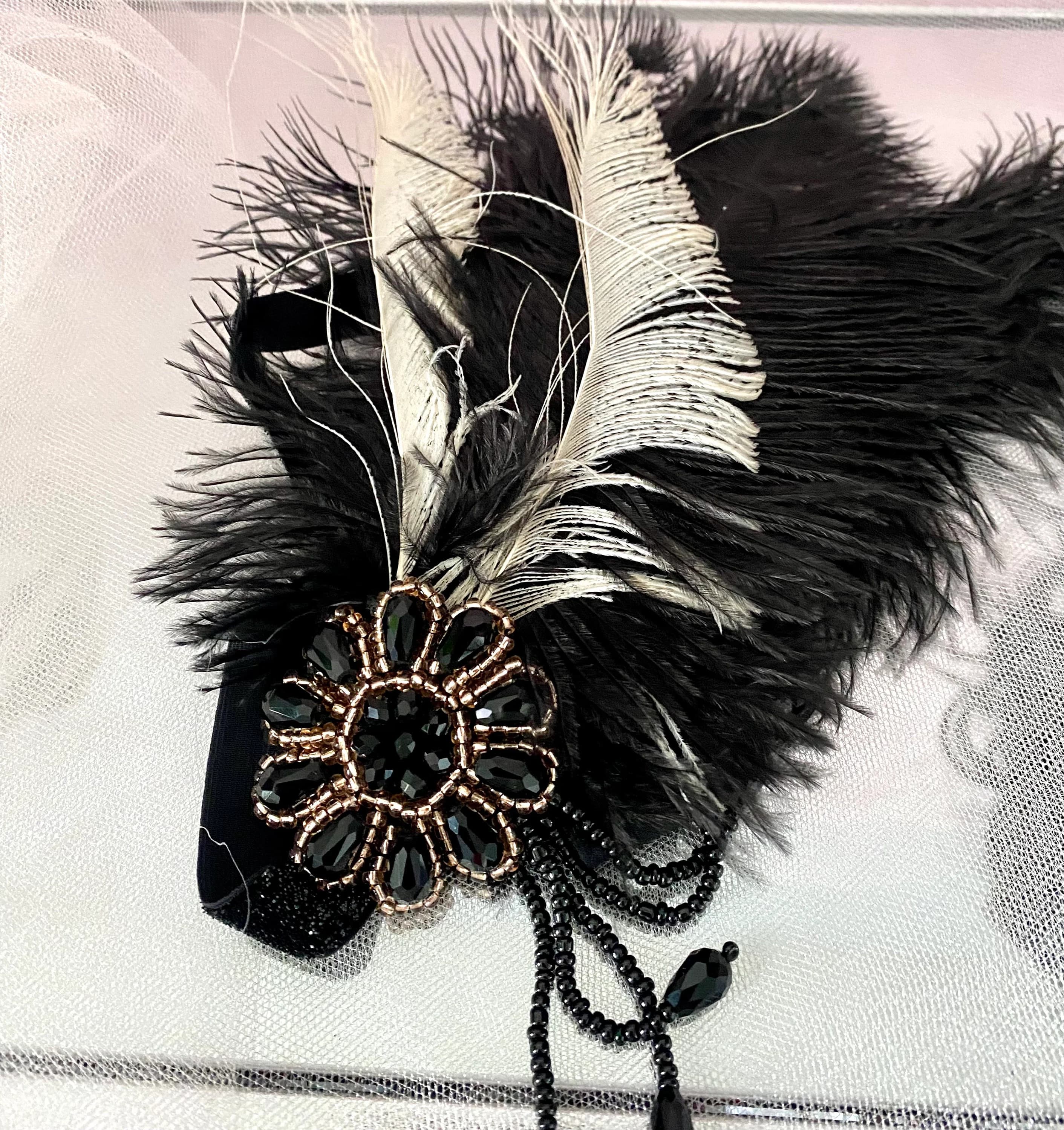 Feather Headband: Black & White Flapper Headpiece, 1920s Gatsby Style - image 5