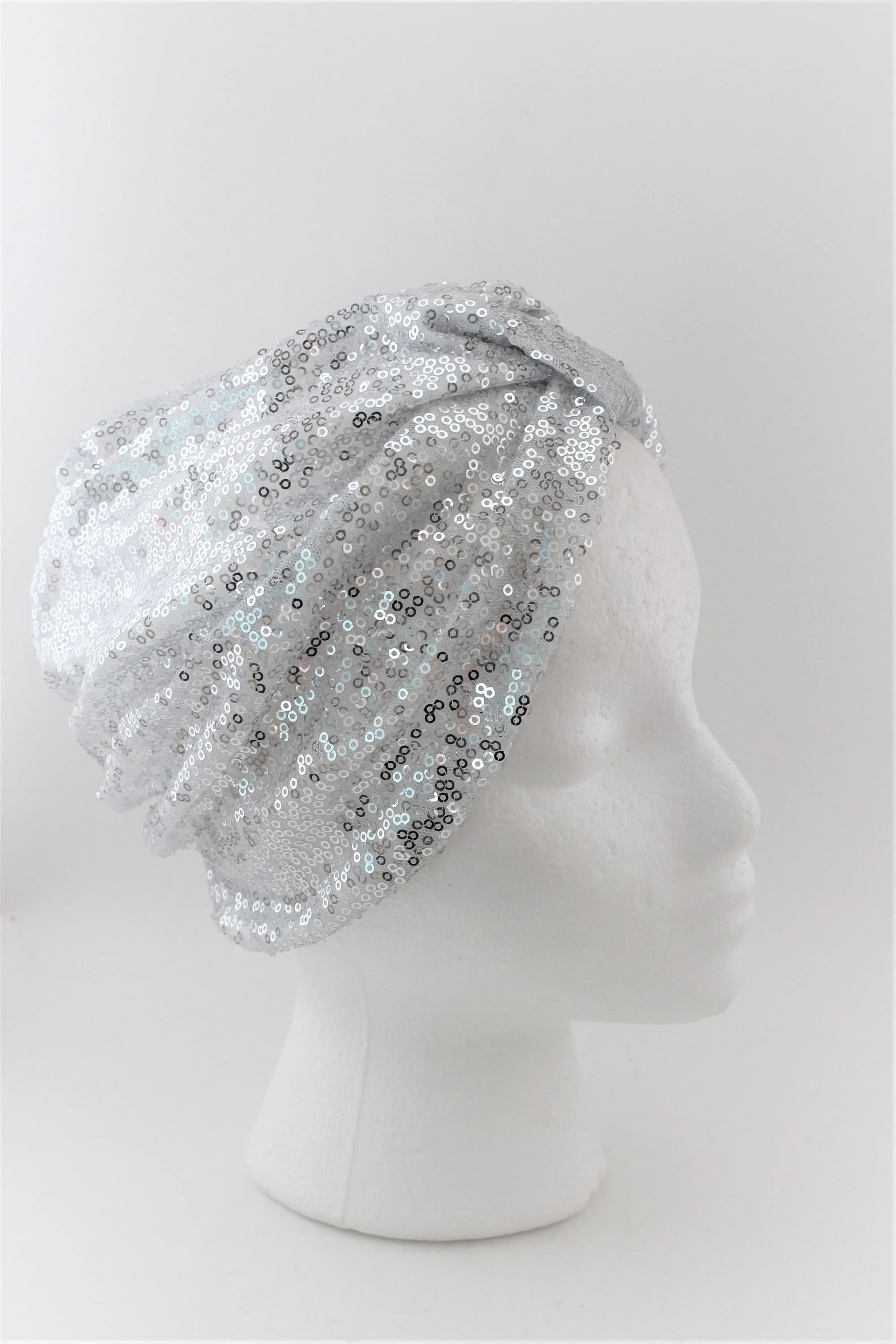 White with Silver sequin turban, sparkly turban, chemo head wrap, alopecia hat - image 4