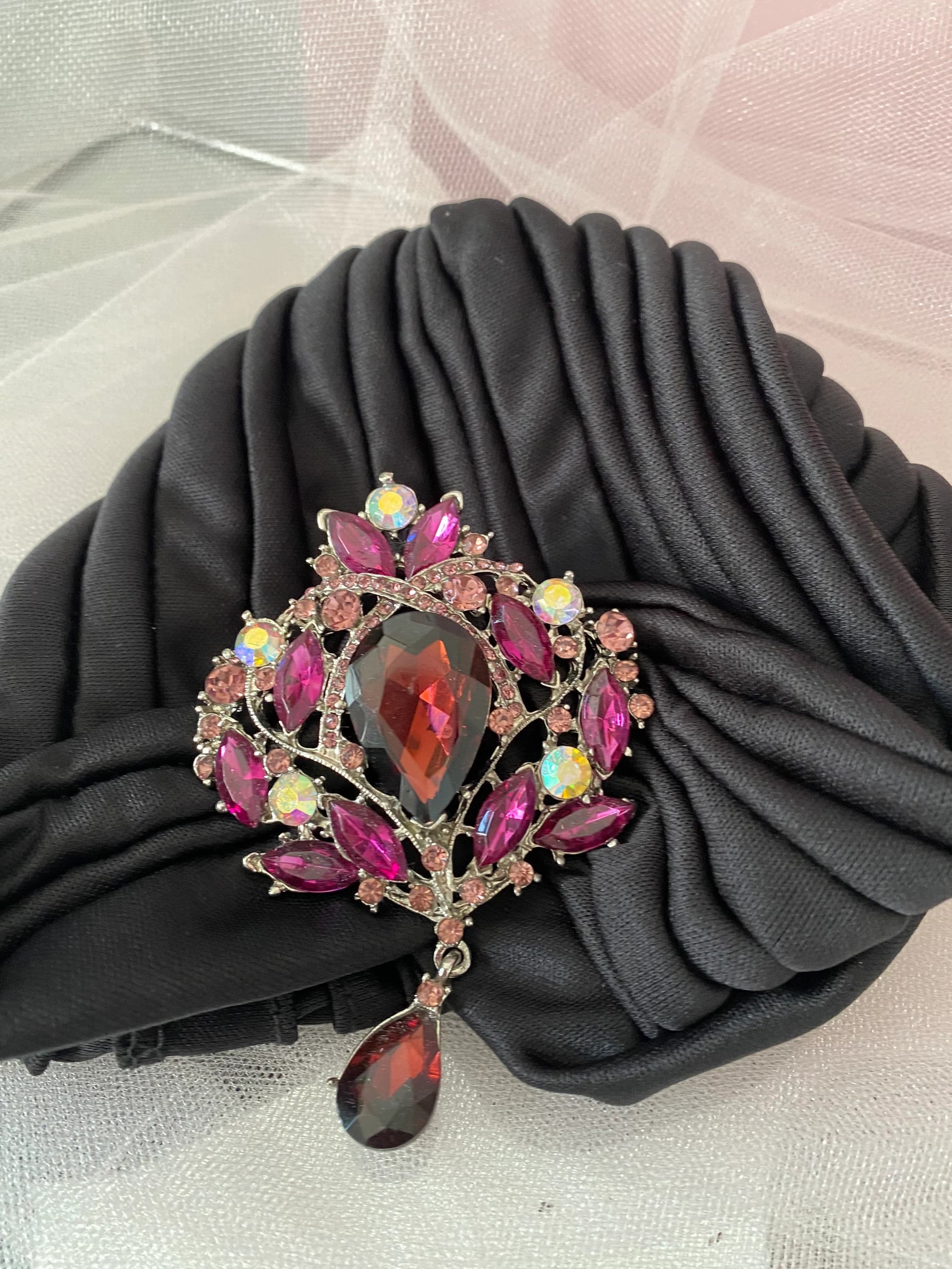 Black Turban with Removable Jewelry Brooch - image 5