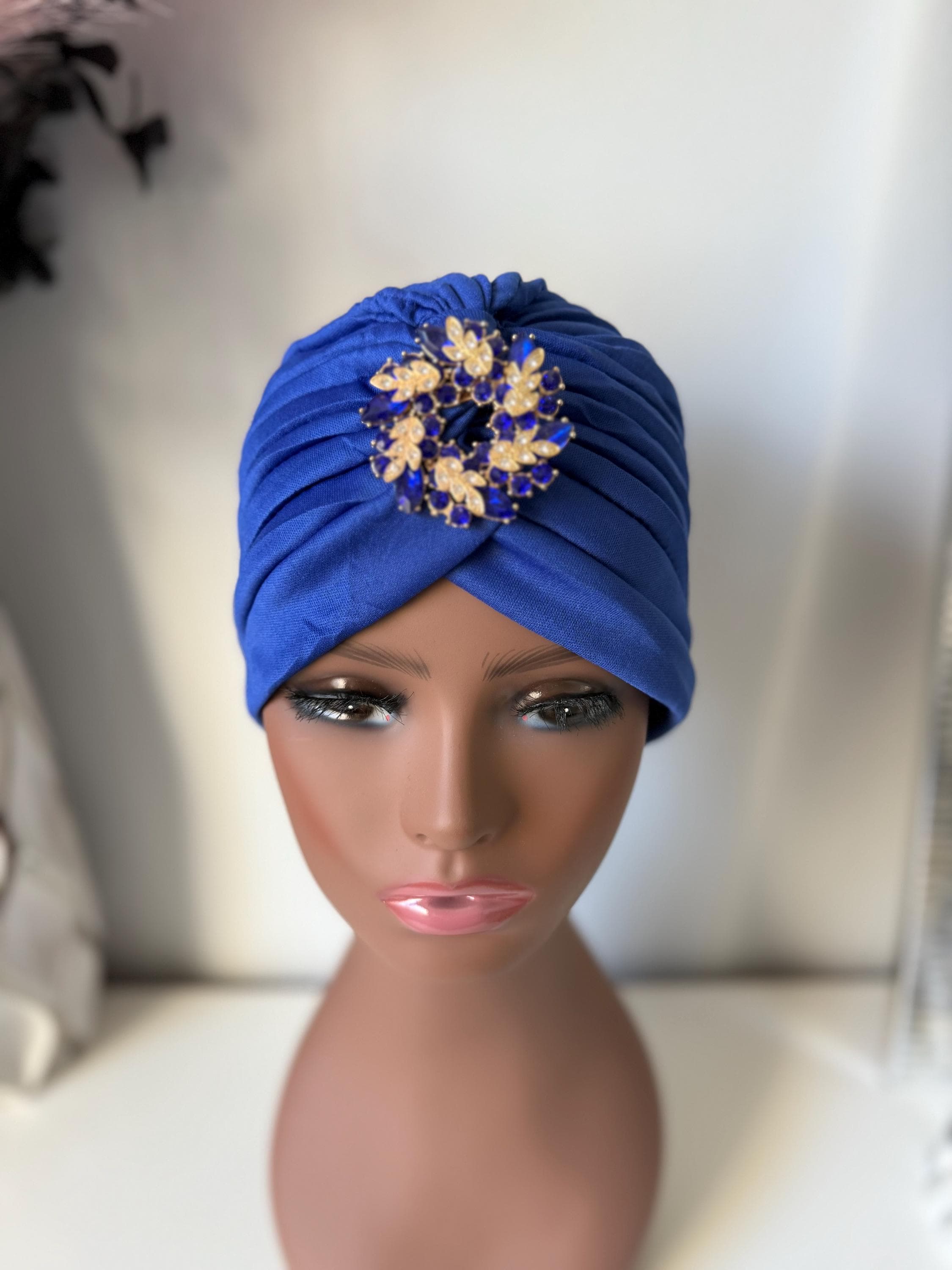Blue Turban with Brooch, Full Head Hair Covering - image 2