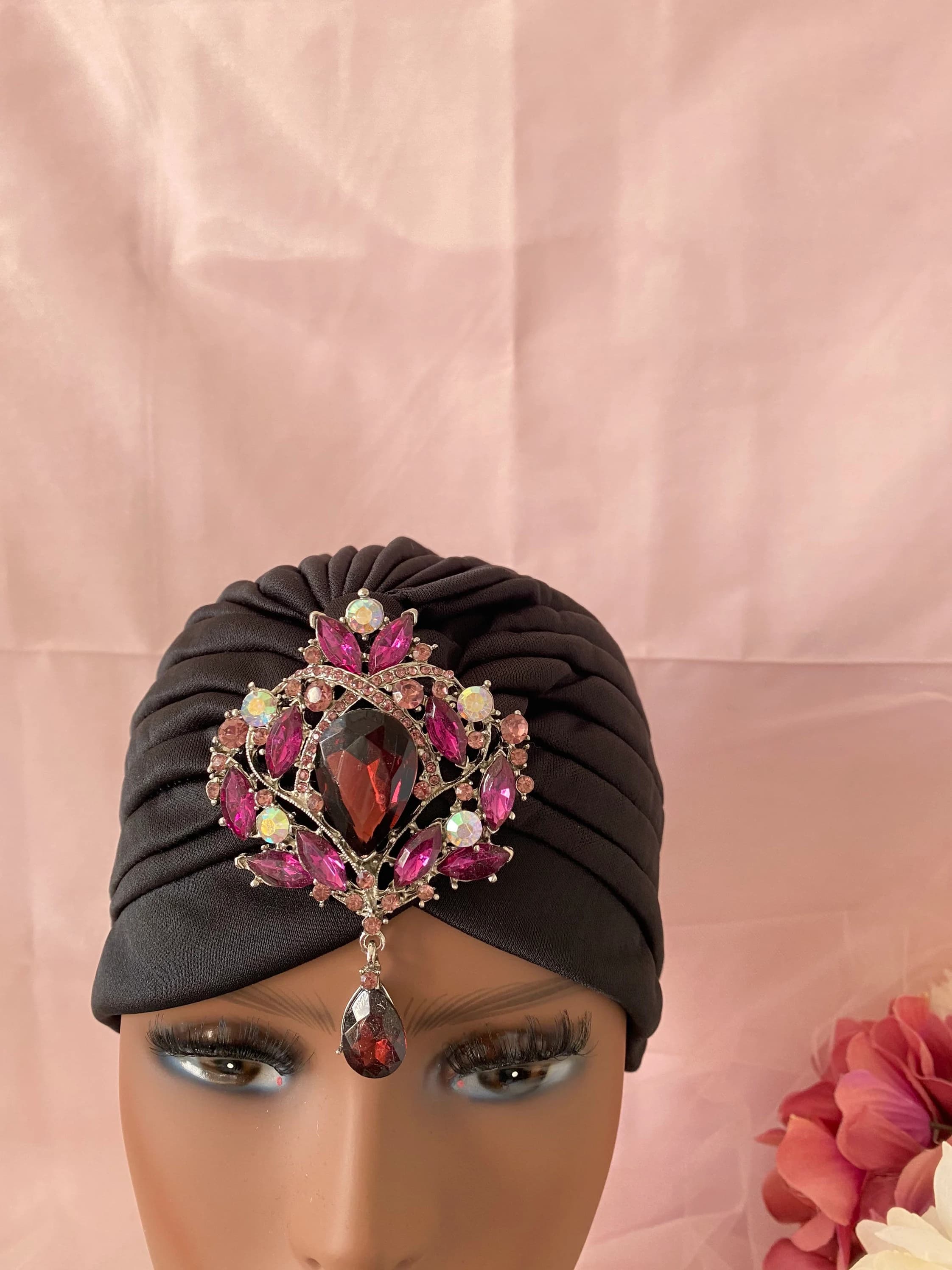 Black Turban with Removable Jewelry Brooch - image 3