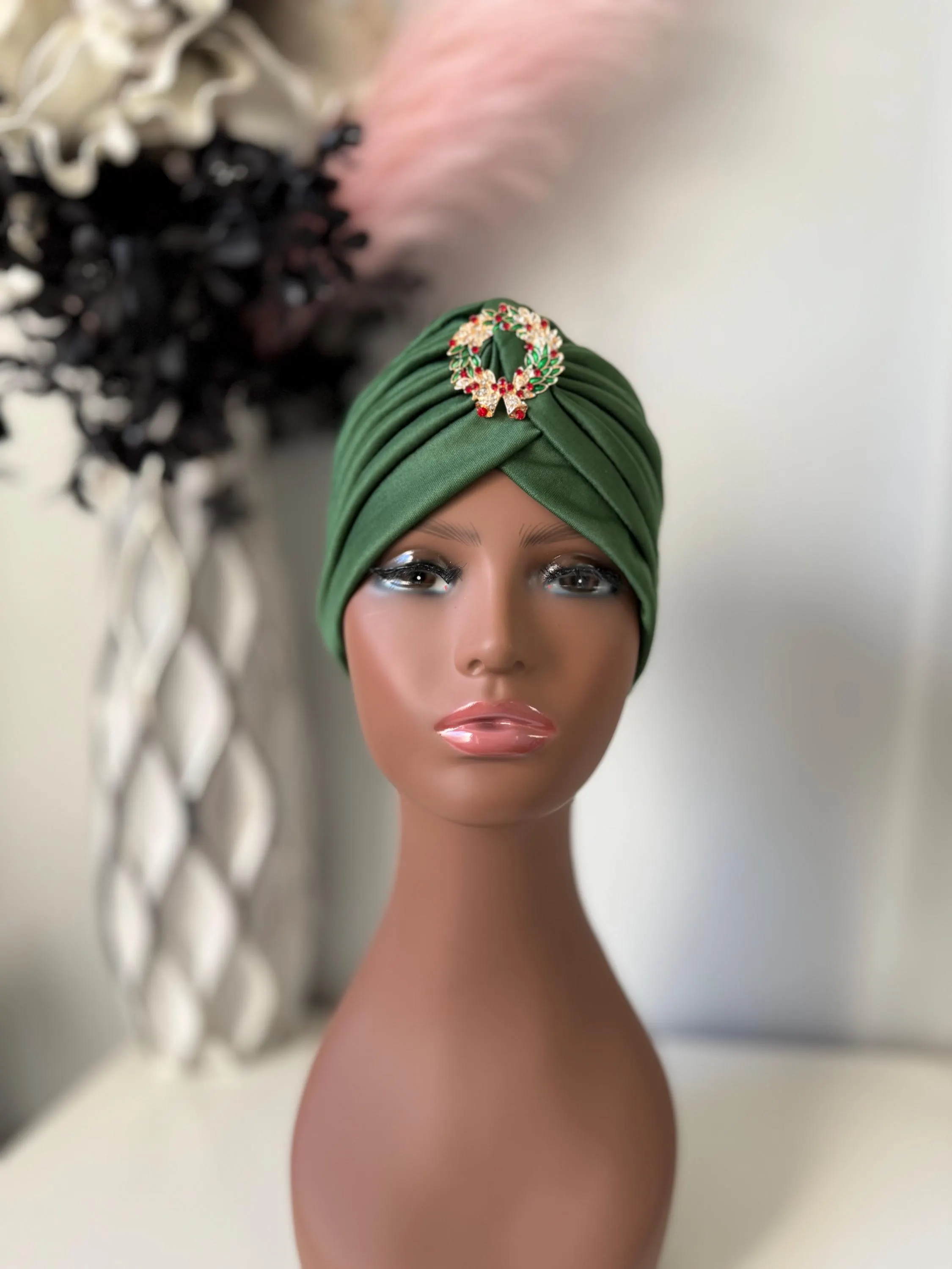 Green Turban with Brooch, Statement Christmas Head wrap for Women, Hair Loss Head Cover - image 5