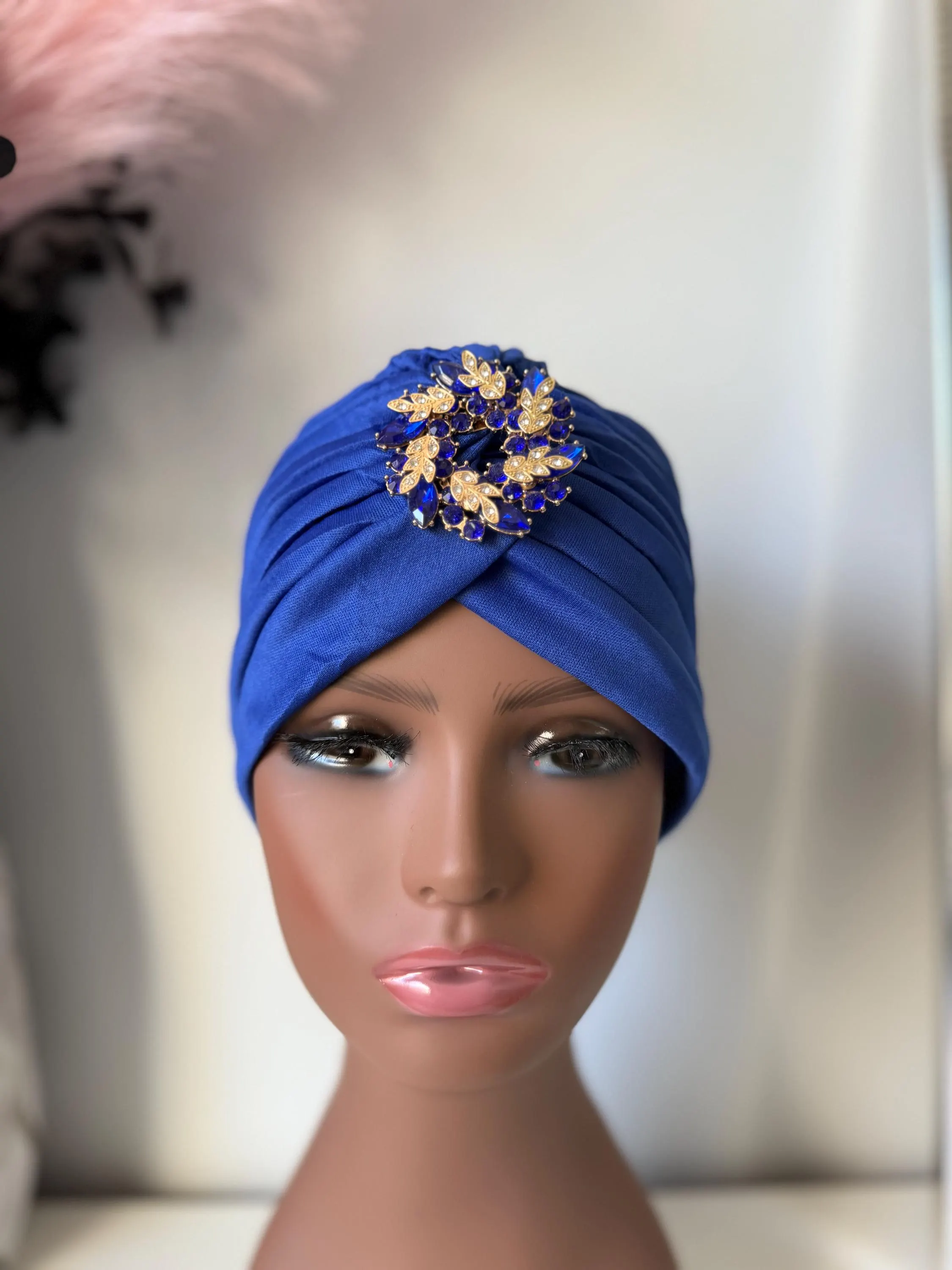 Blue Turban with Brooch, Full Head Hair Covering - image 3