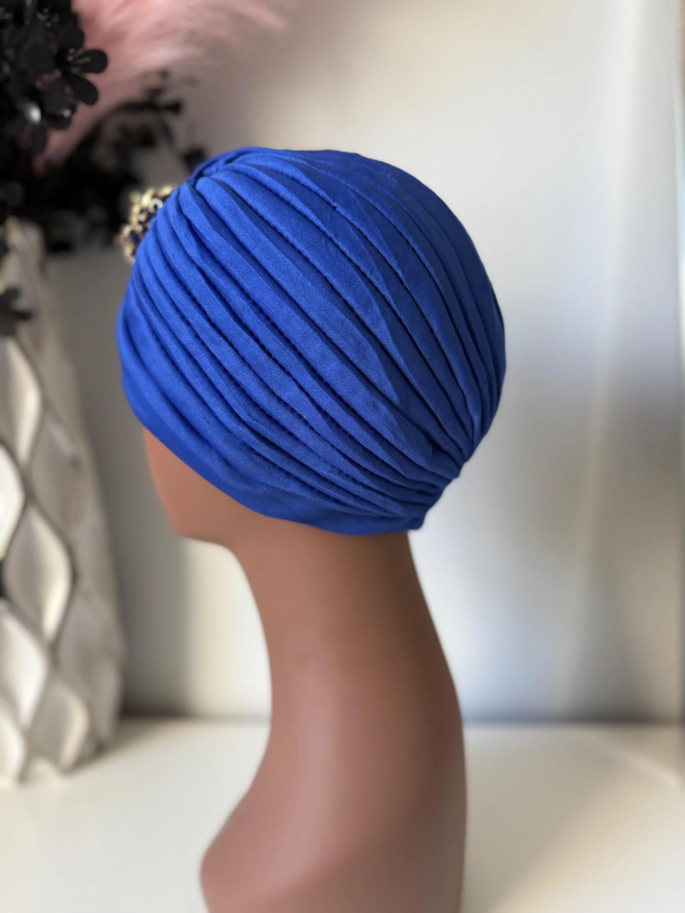 Blue Turban with Brooch, Full Head Hair Covering - image 4