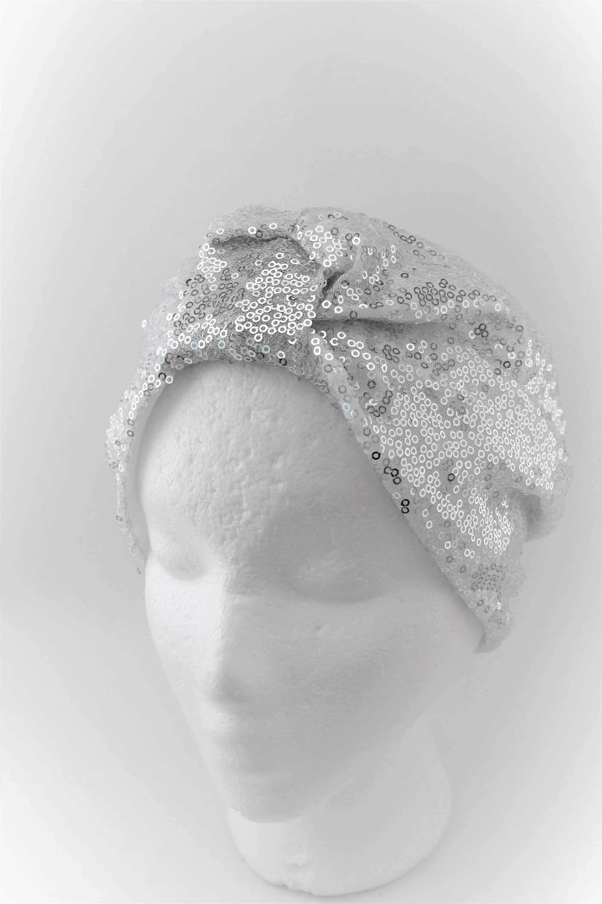 White with Silver sequin turban, sparkly turban, chemo head wrap, alopecia hat