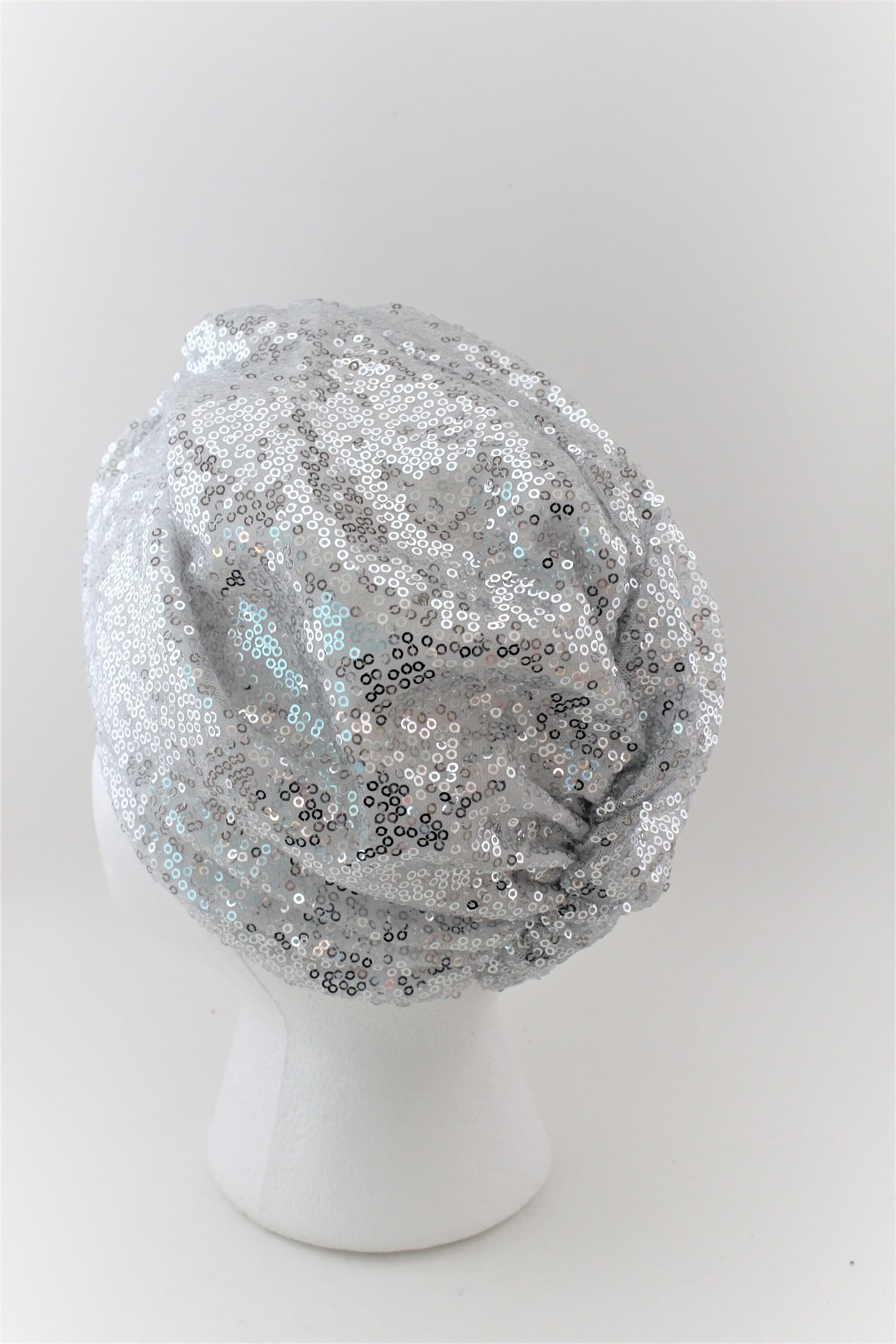White with Silver sequin turban, sparkly turban, chemo head wrap, alopecia hat - image 3