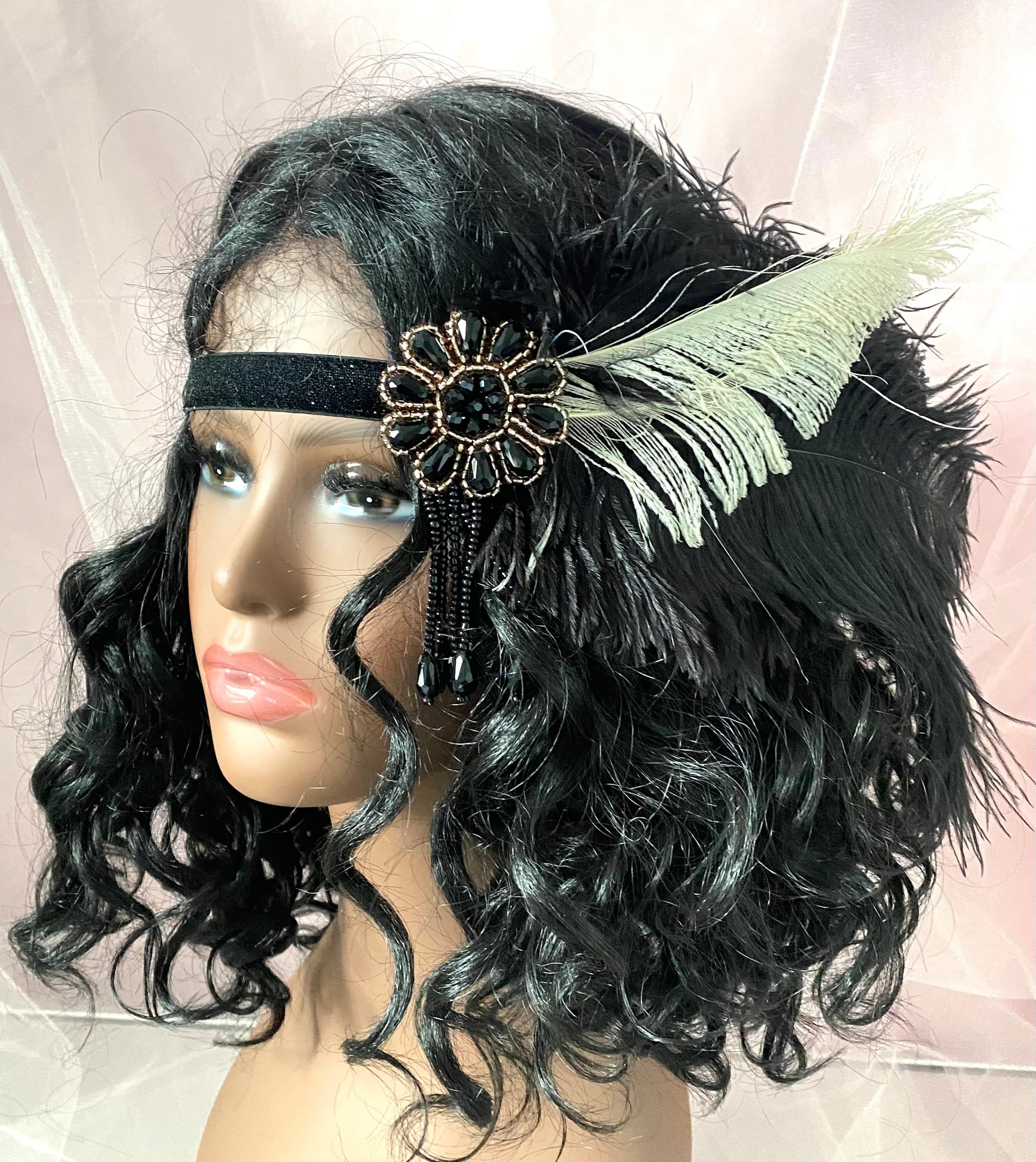 Feather Headband: Black & White Flapper Headpiece, 1920s Gatsby Style