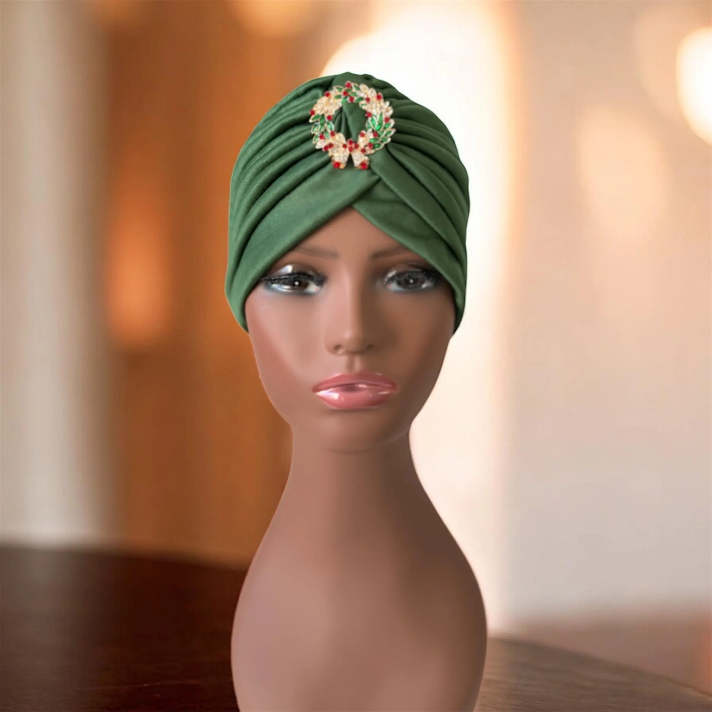 Green Turban with Brooch, Statement Christmas Head wrap for Women, Hair Loss Head Cover