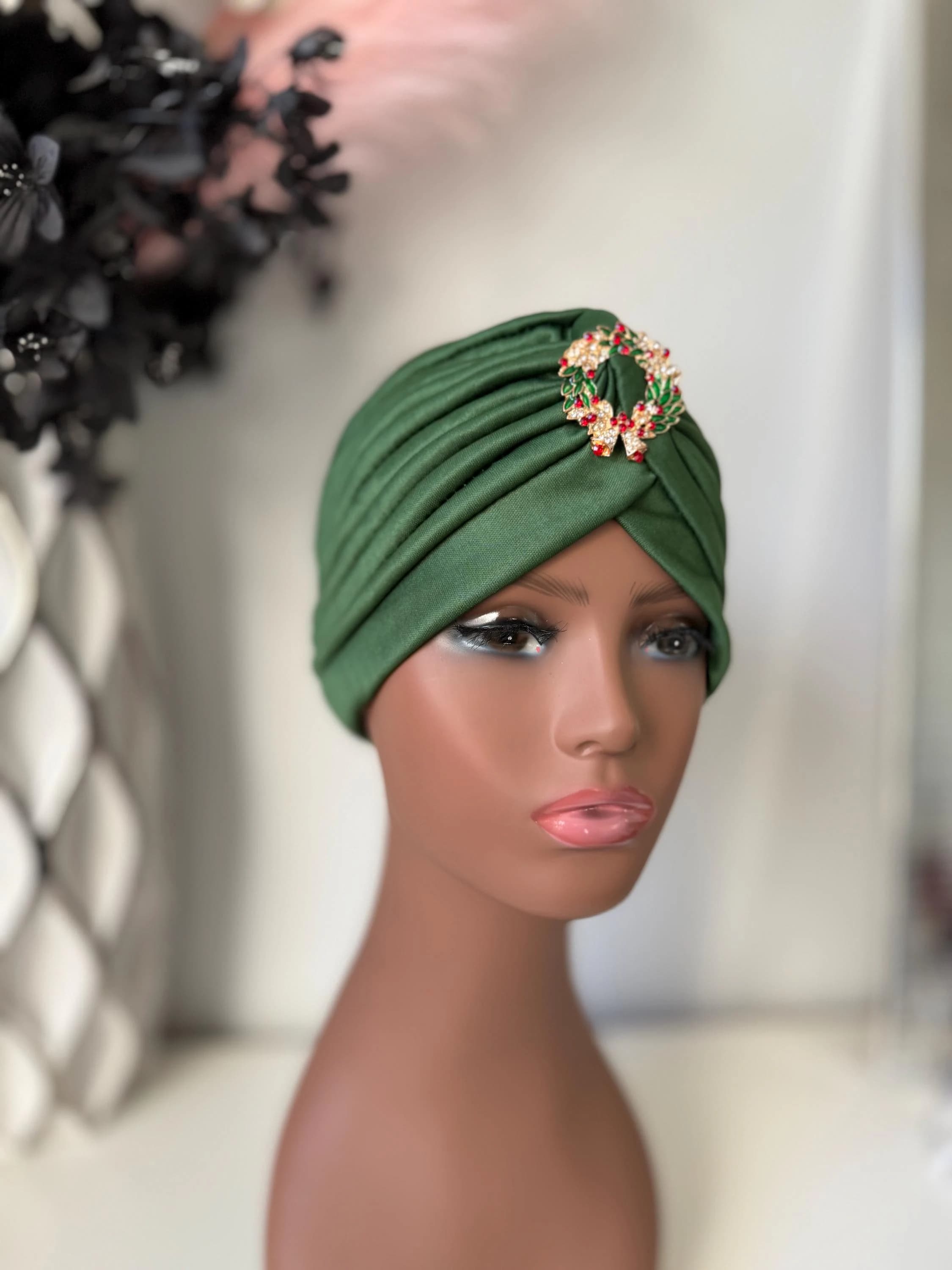 Green Turban with Brooch, Statement Christmas Head wrap for Women, Hair Loss Head Cover - image 4