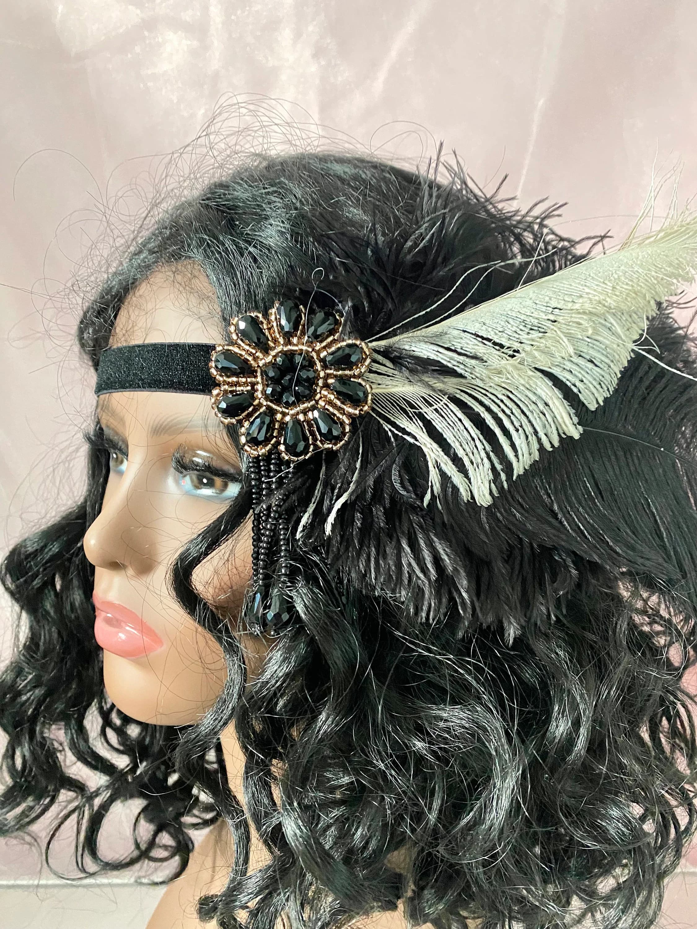 Feather Headband: Black & White Flapper Headpiece, 1920s Gatsby Style - image 4
