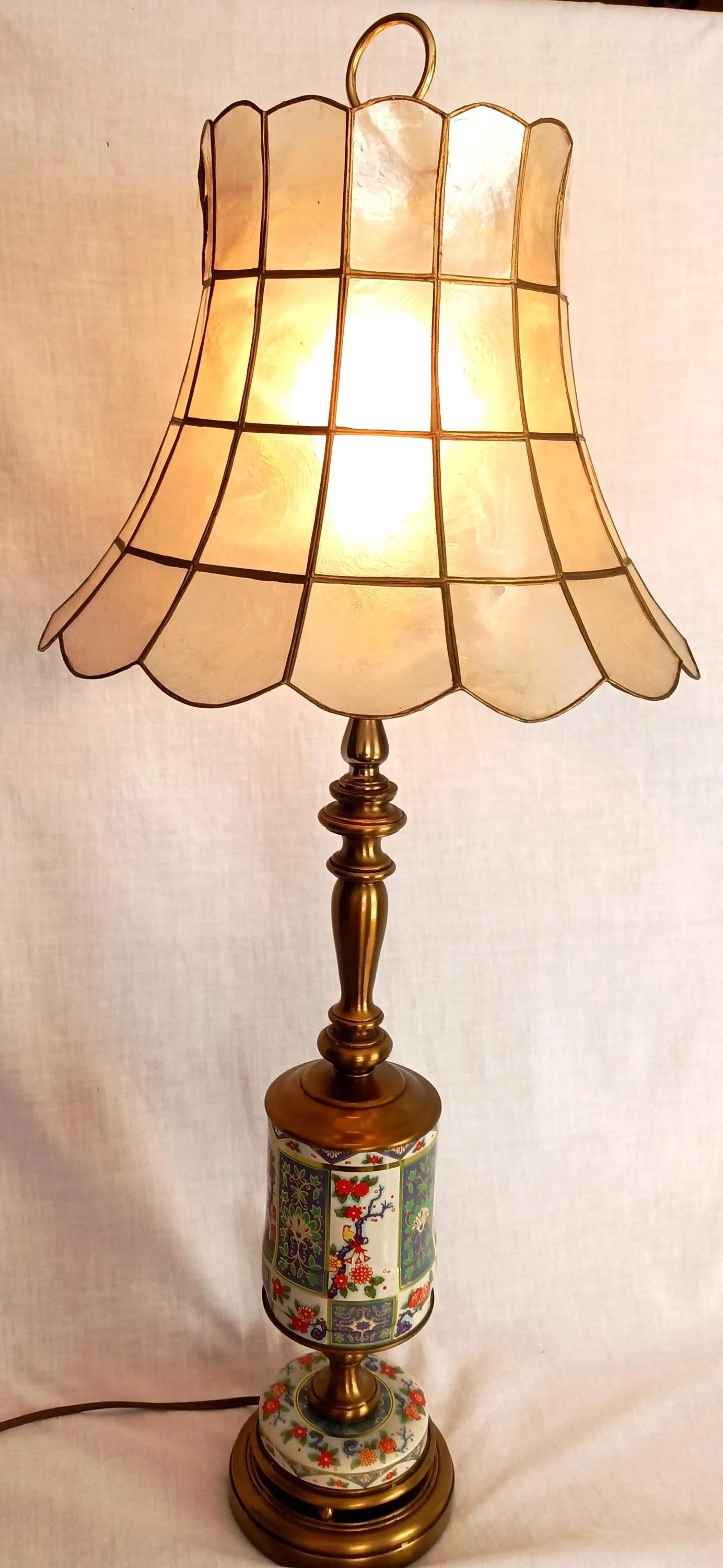 Vintage Chinoiserie Style Column Table Lamp Birds Flowers Daher Tin Solid Brass 3 Way Harp Finial 30” Tall - image 4