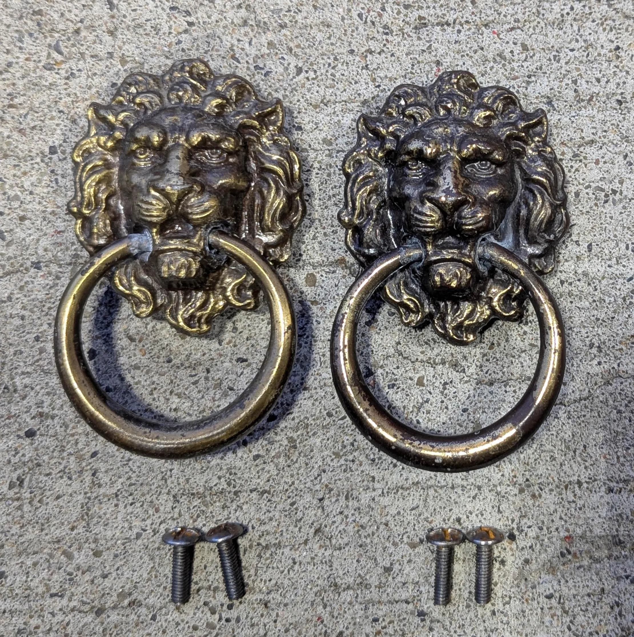 4 Pairs available Vintage Antique Old Lion Head Brass Steel Metal Furniture "Pulaski" Dresser Drawer Cabinet Door Drop Ring Pulls Handles