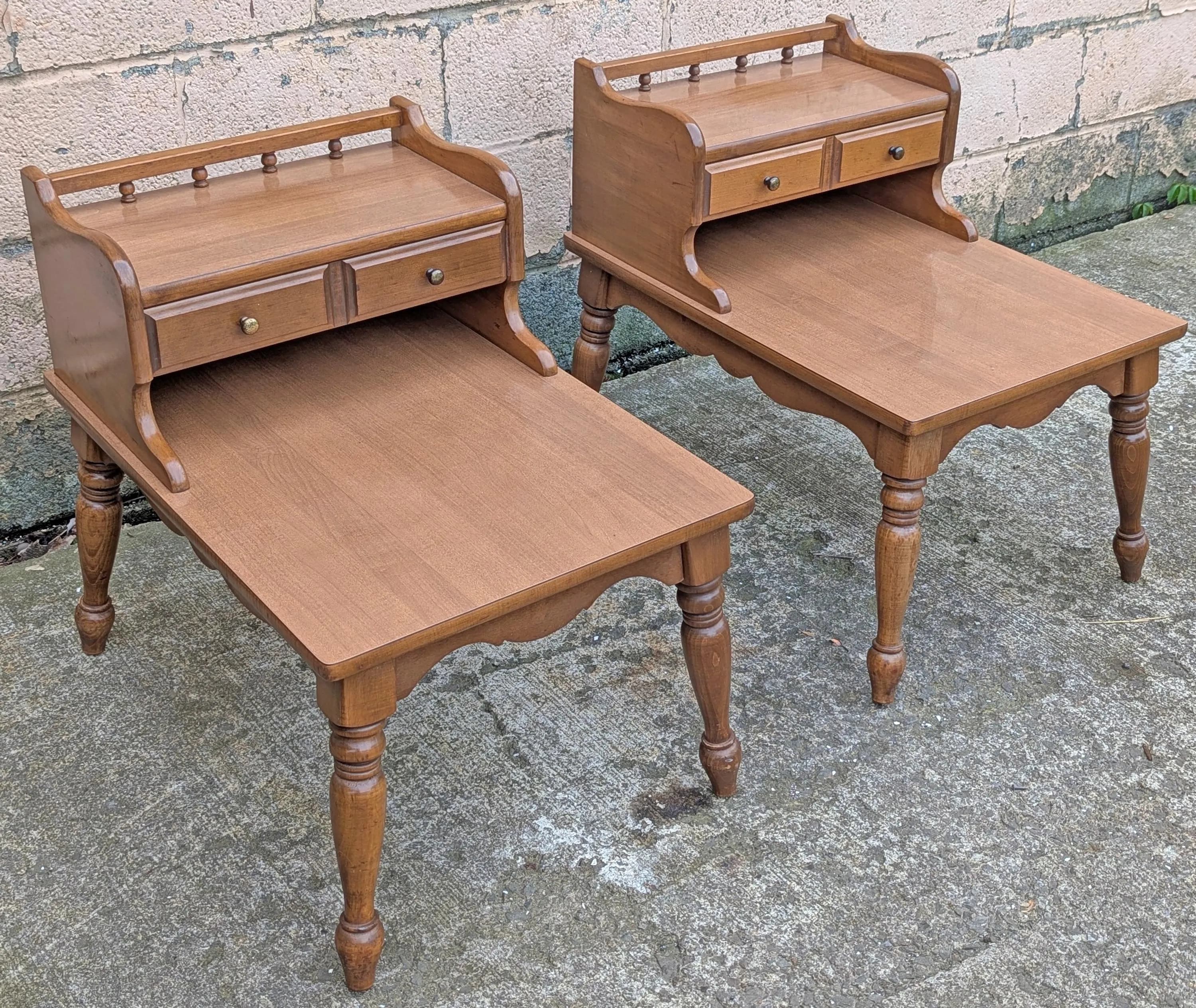 Pair of Vintage Antique Old Mid Century Mersman SOLID Wooden Wood & Formica Wooden 2 Tier End Side Accent Lamp Tables Night Stand Shelf