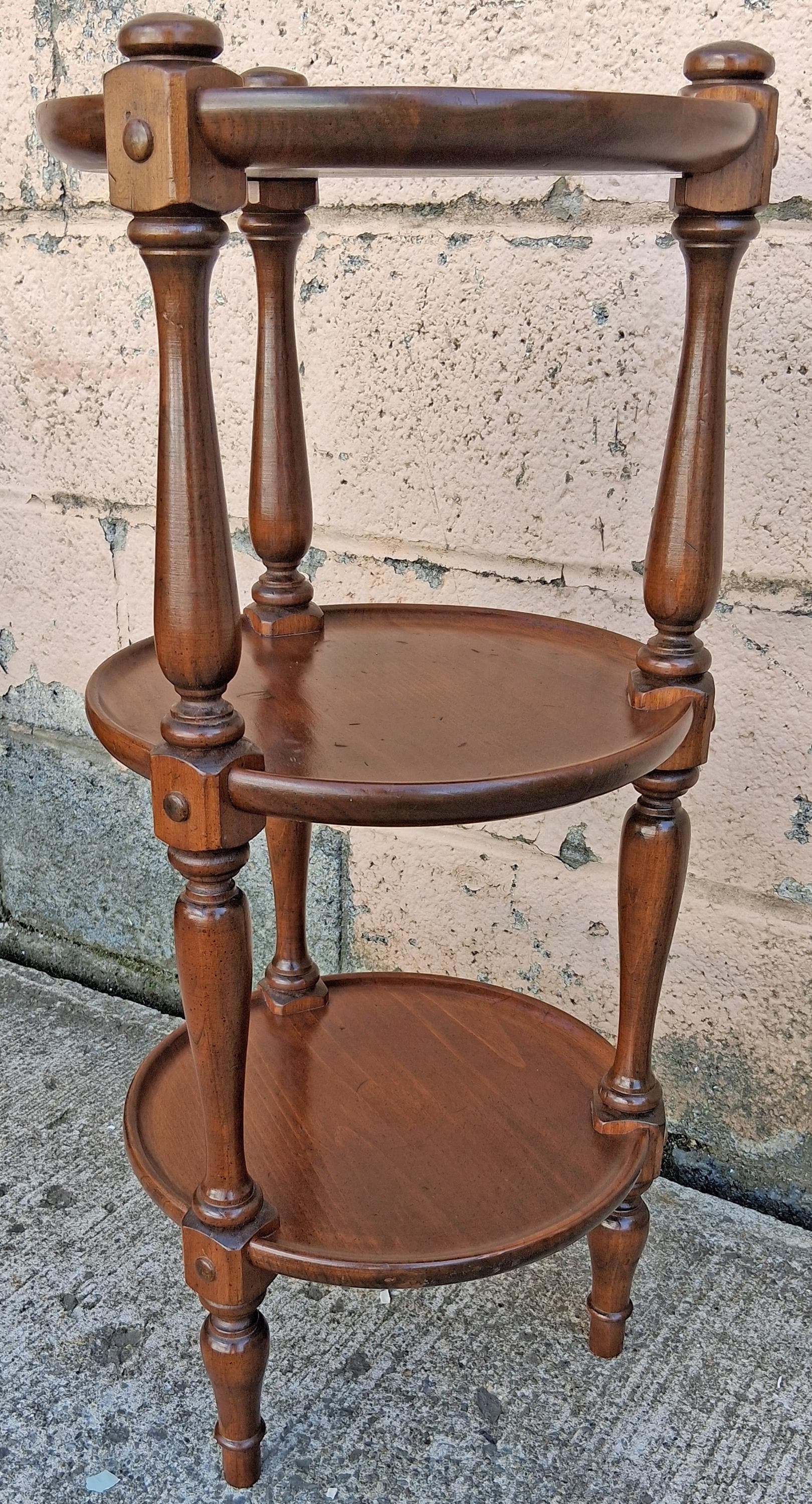 Vintage Antique Colonial Ethan Allen Maple Wood Wooden Round Three Tier Tiered Turned Spindle Accent Plant Side Stand Table Home Decor - image 5