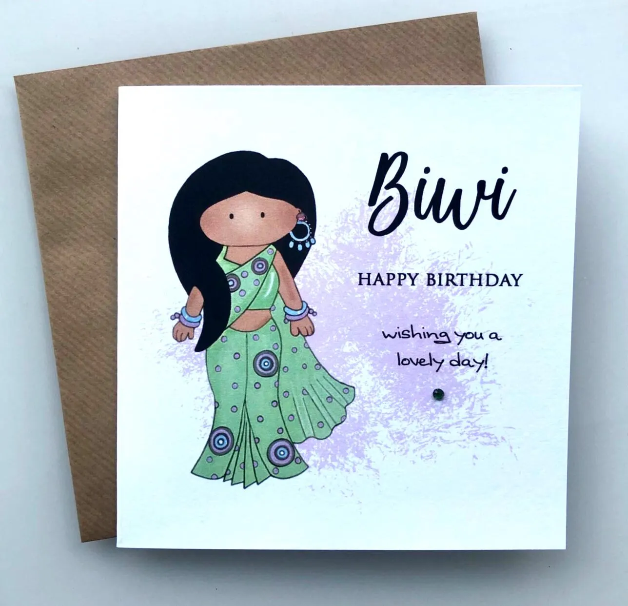 Biwi Birthday Card: South Asian Wife in Sari, Handmade Diamante Detail