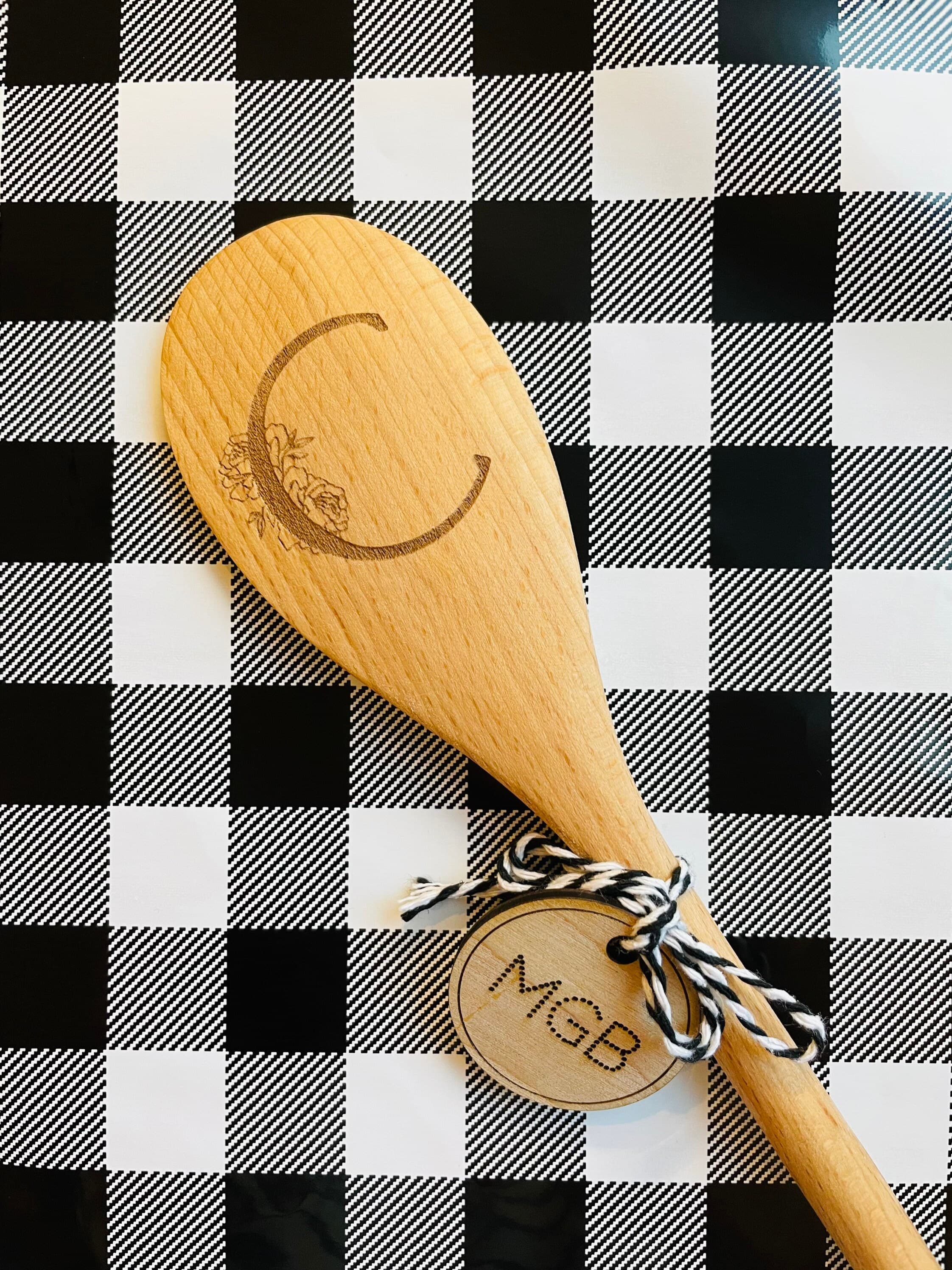 Floral Monogram - Initial - Engraved Spoon 12" - Beechwood - Sealed - Bakers gift, Floral - Artist , Baking, Holiday Gift, Christmas - image 2